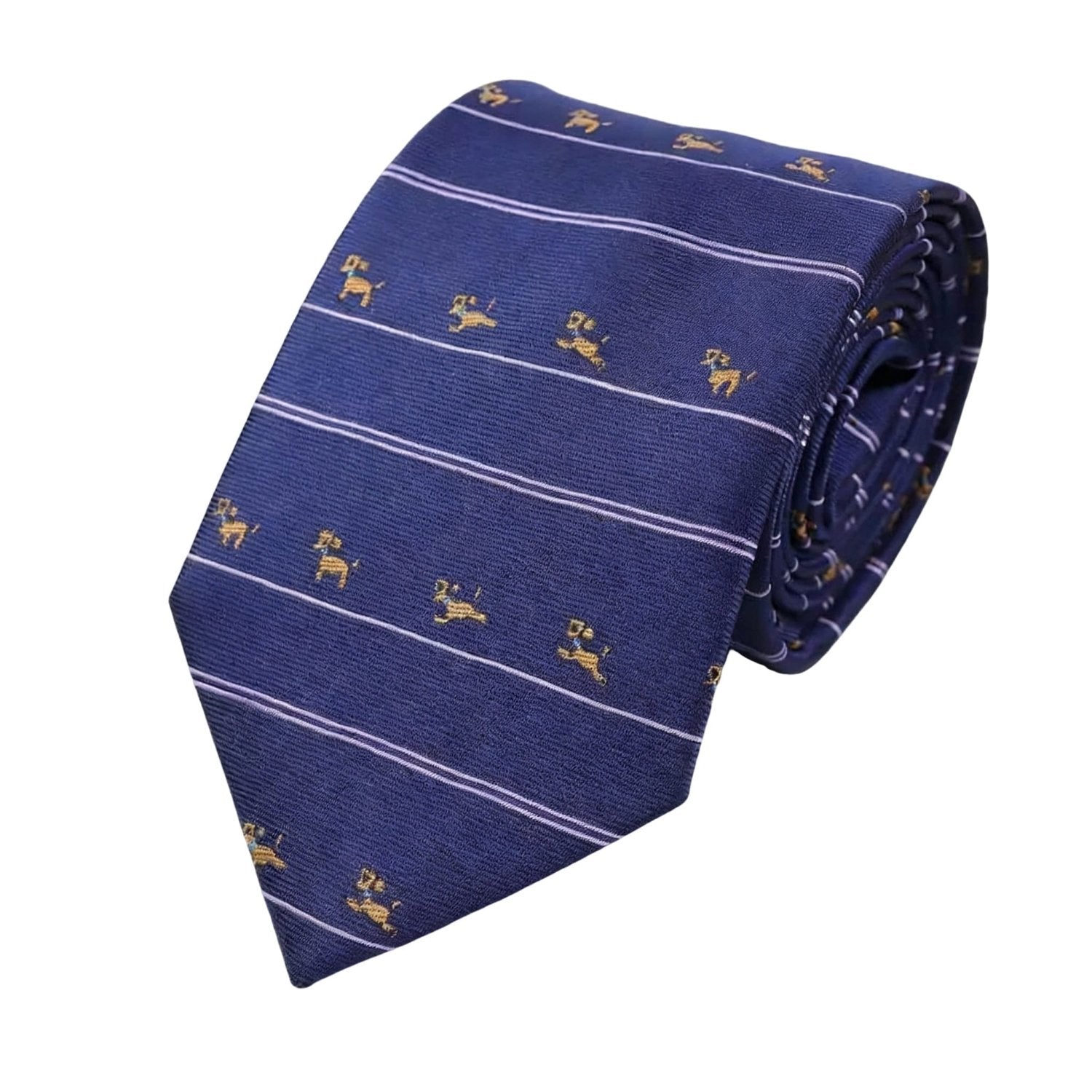 Blue Necktie With Gold Dogs and White Stripes