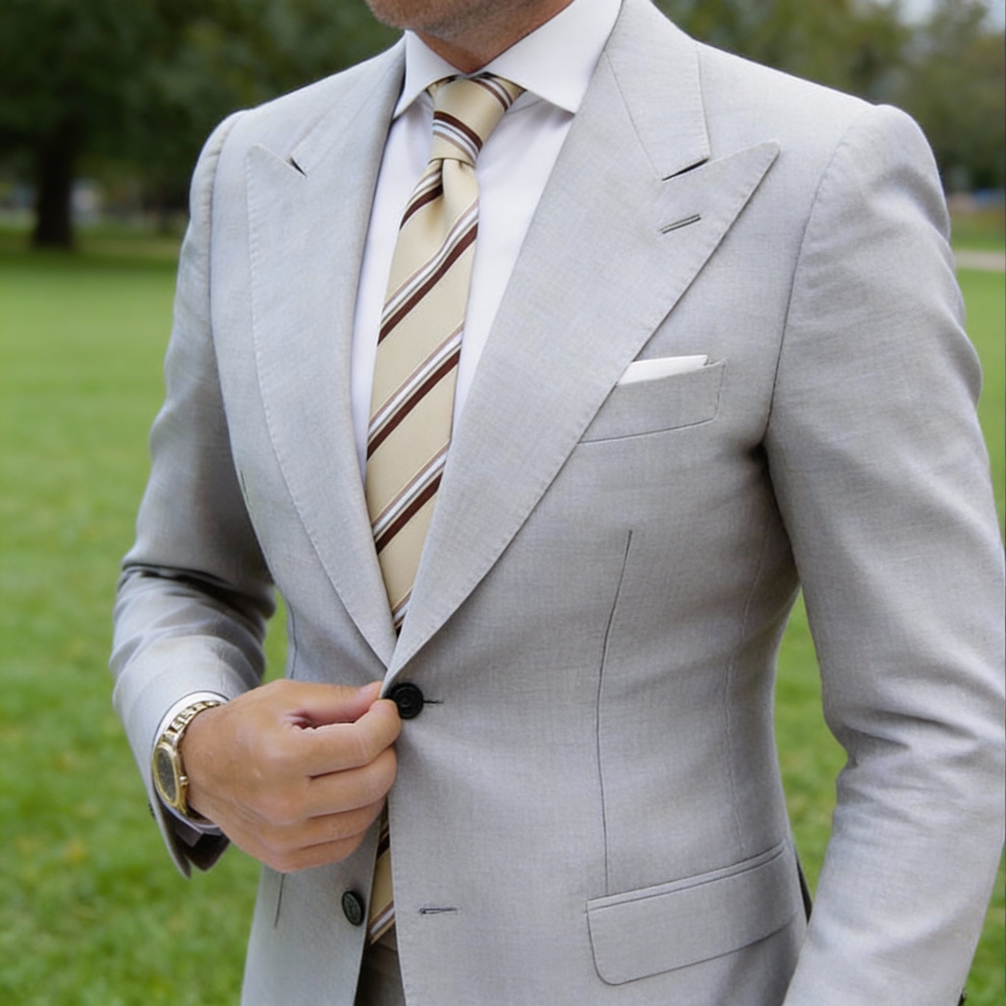 Beige With Brown And White Striped Necktie