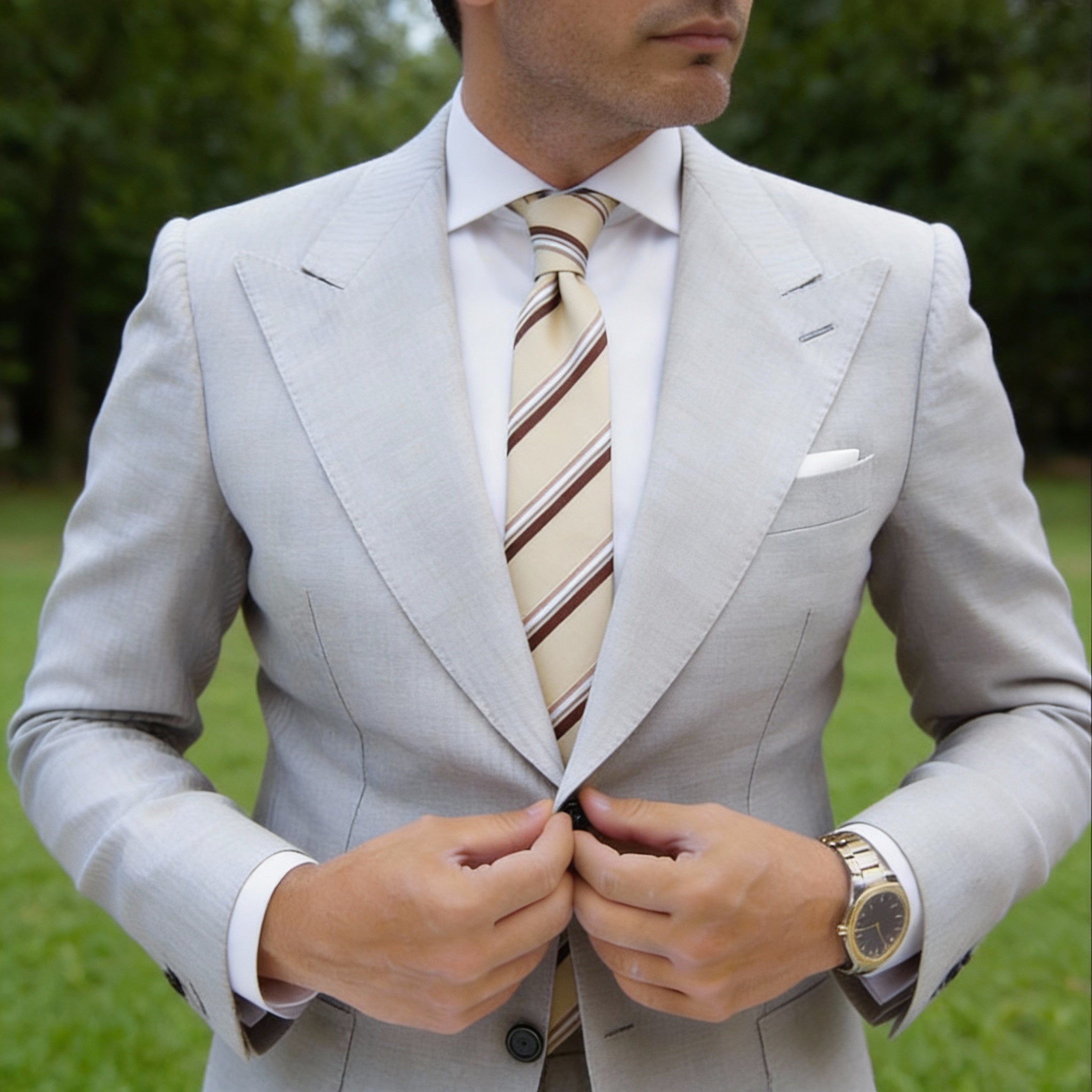Beige With Brown And White Striped Necktie