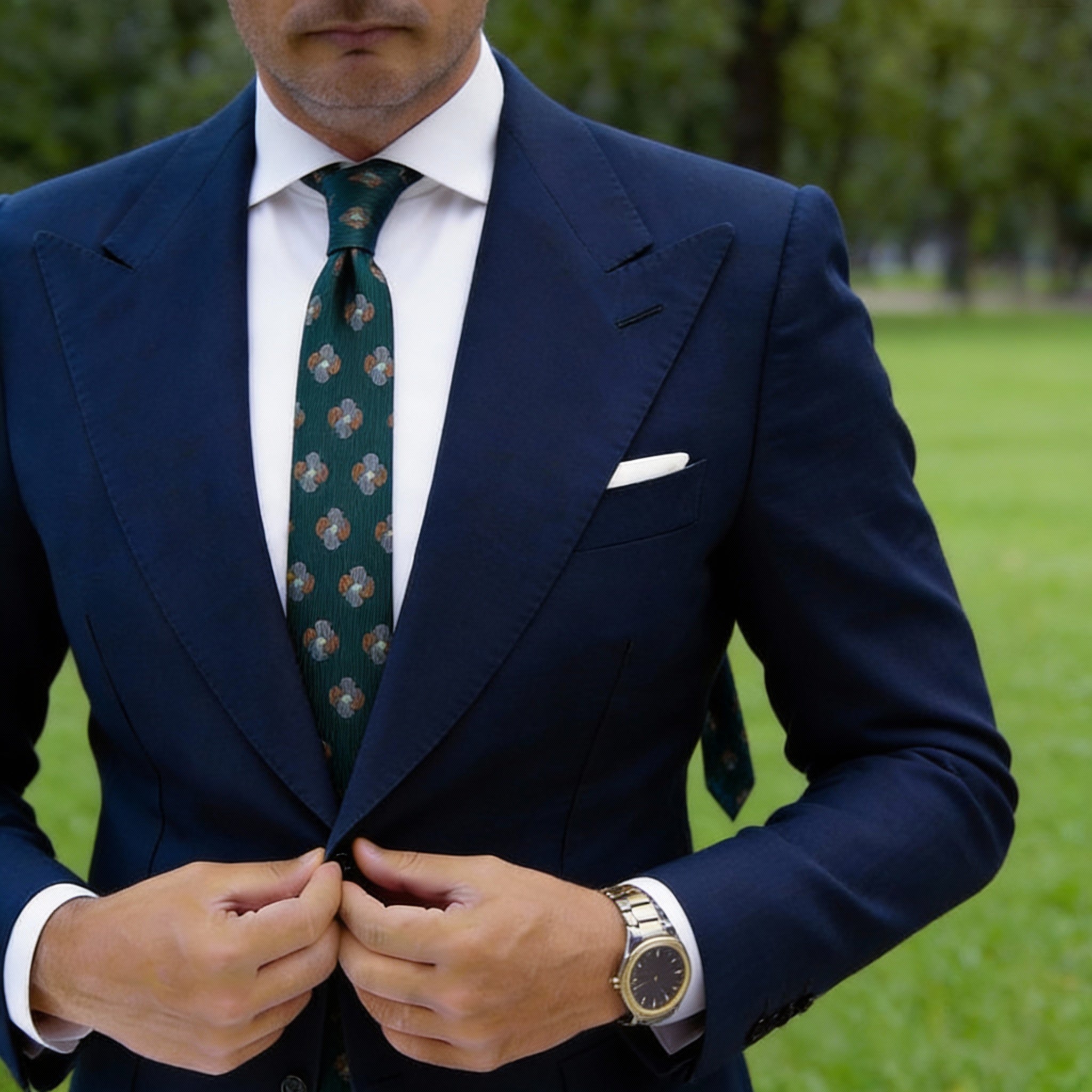 Dark Green With Gold Small Floral Necktie