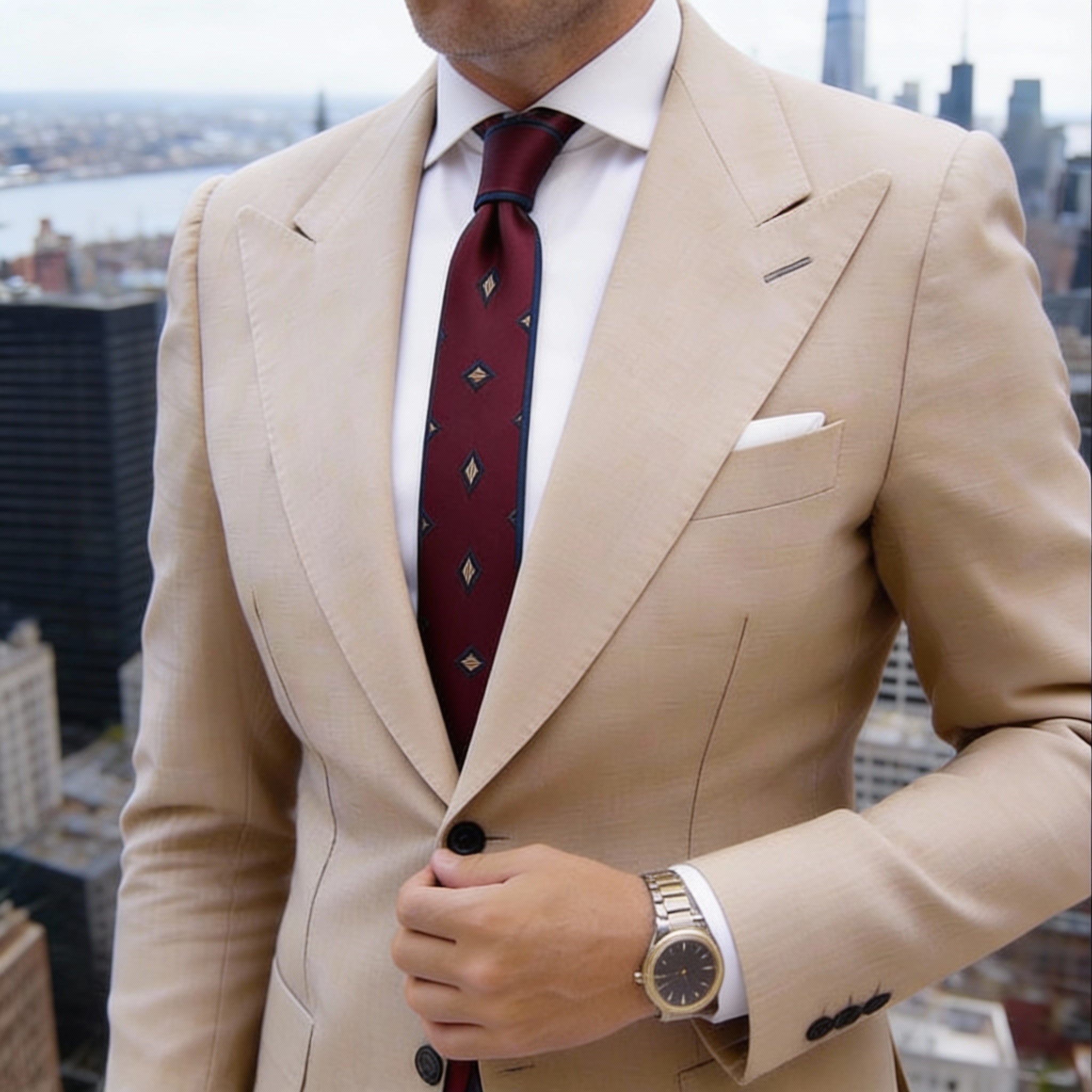 Red Necktie With Blue And Yellow Diamonds