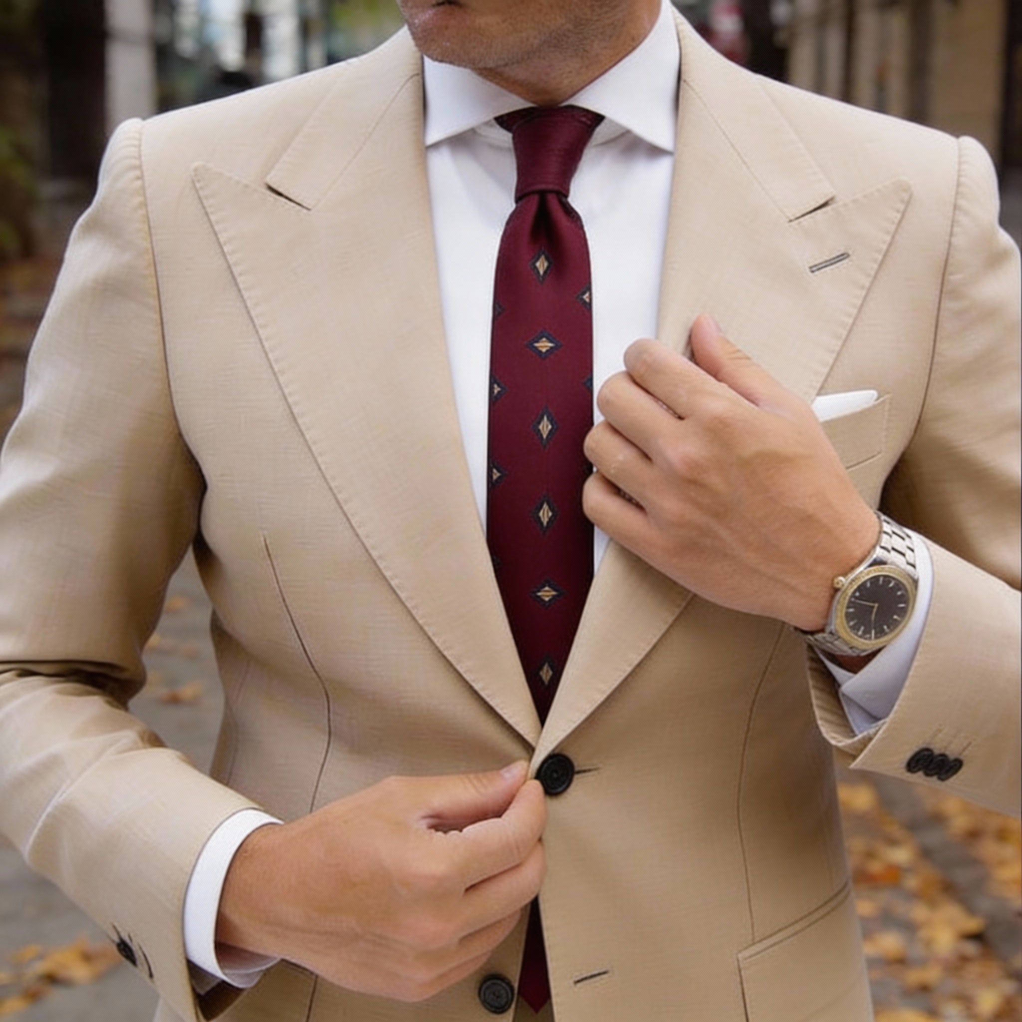 Red Necktie With Blue And Yellow Diamonds