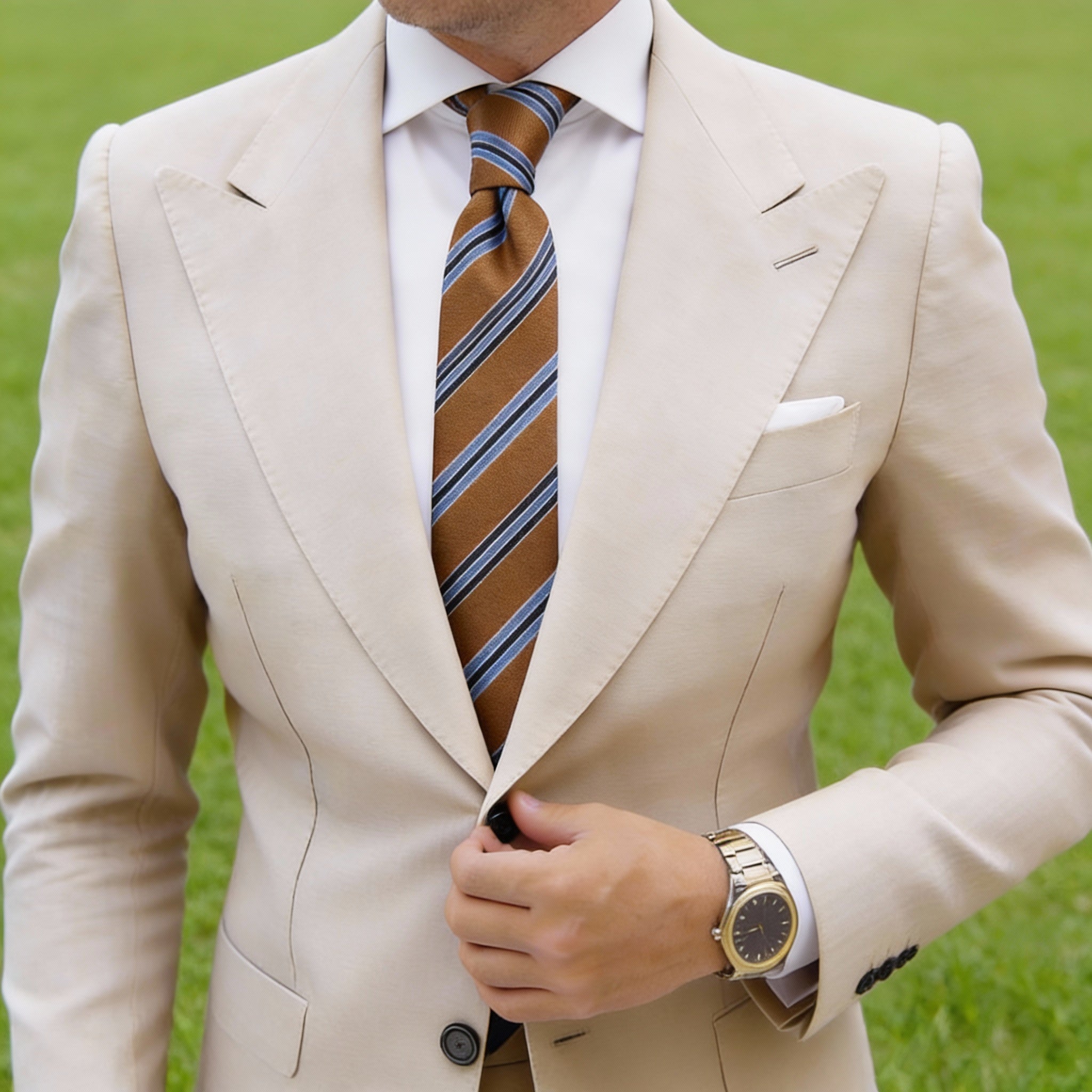 Brown Necktie With Blue & Dark Blue Stripes