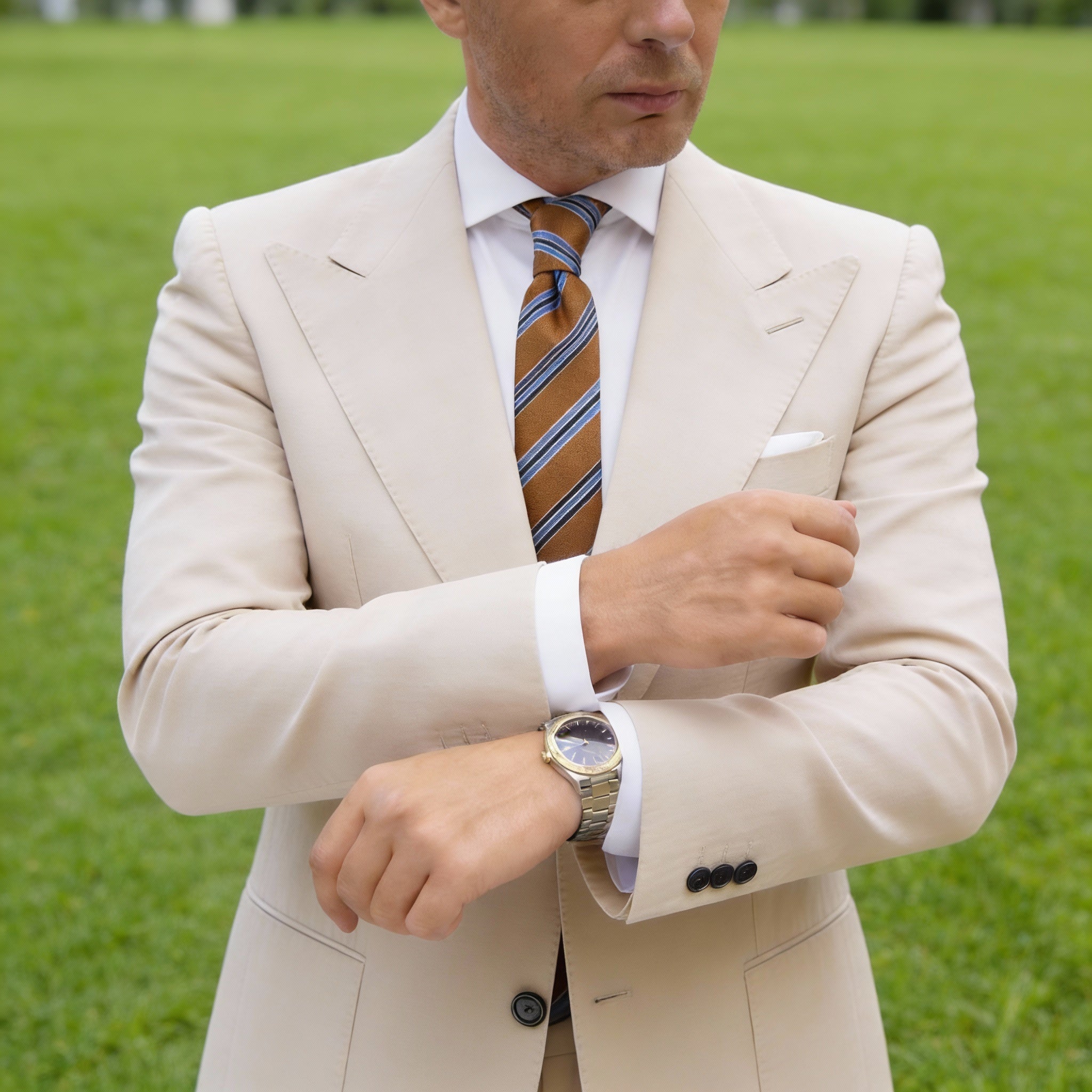 Brown Necktie With Blue & Dark Blue Stripes