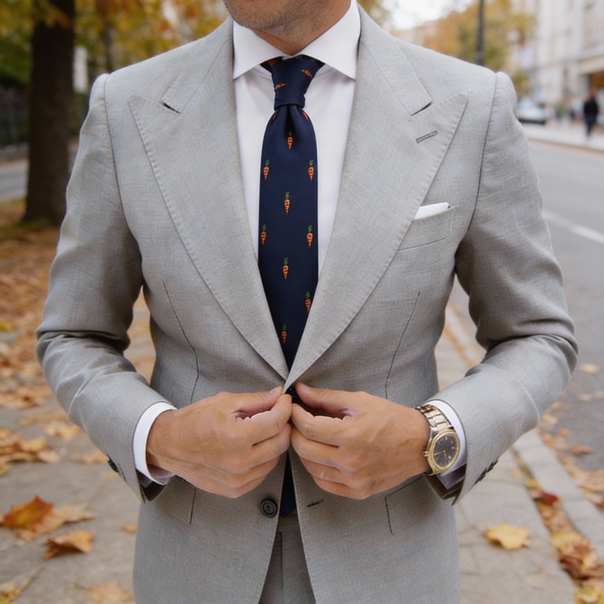 Navy Blue Necktie with White Dots & Green Feathers