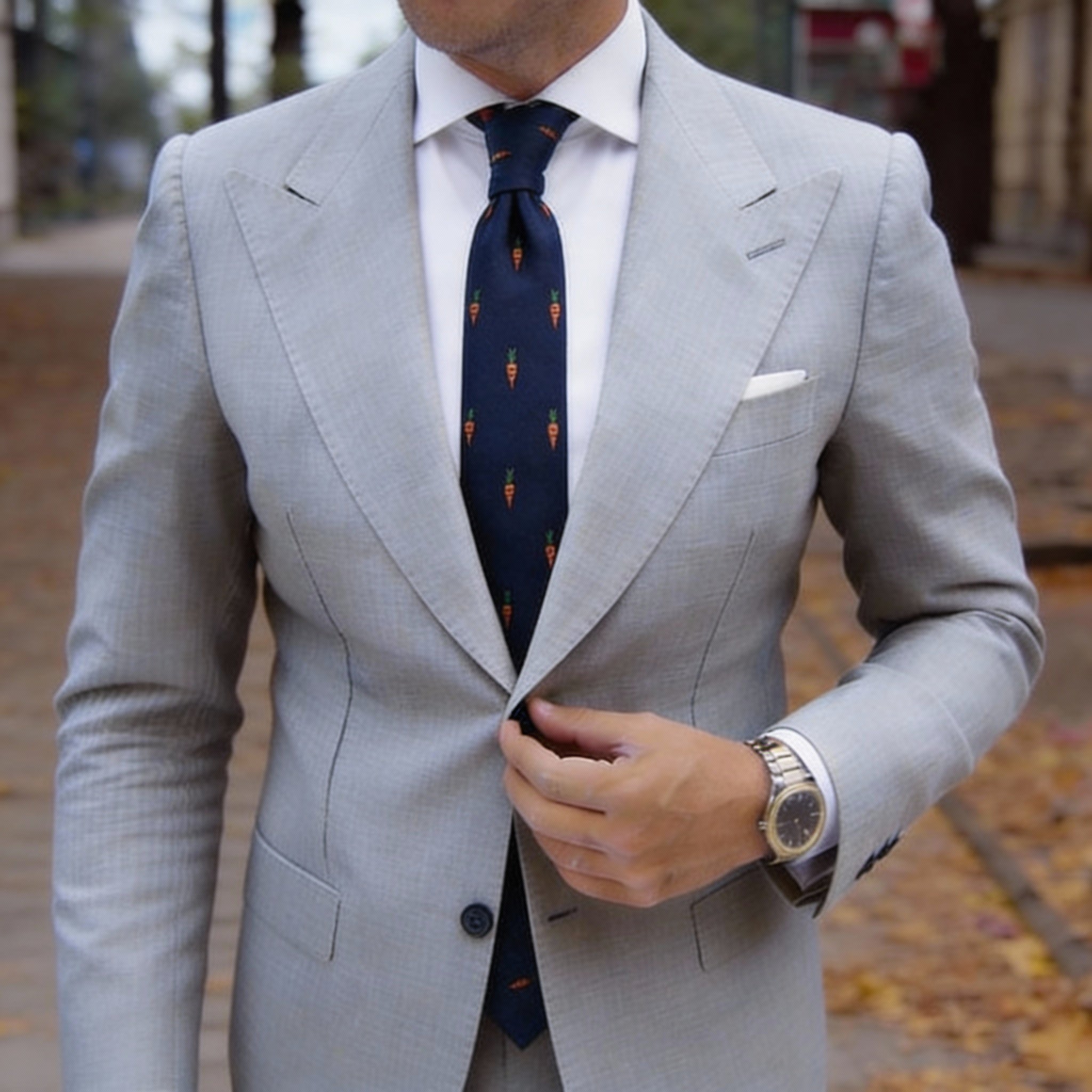 Navy Blue Necktie with White Dots & Green Feathers