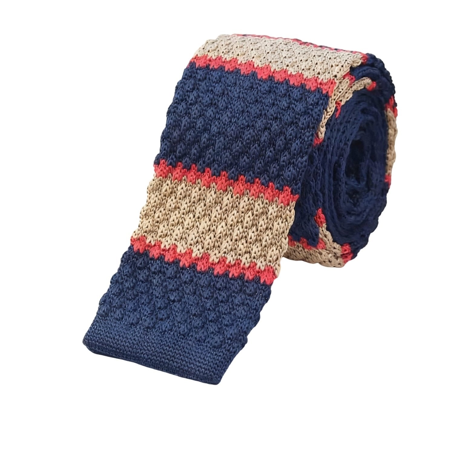 Navy Blue With Red Beige Striped Knitted Necktie