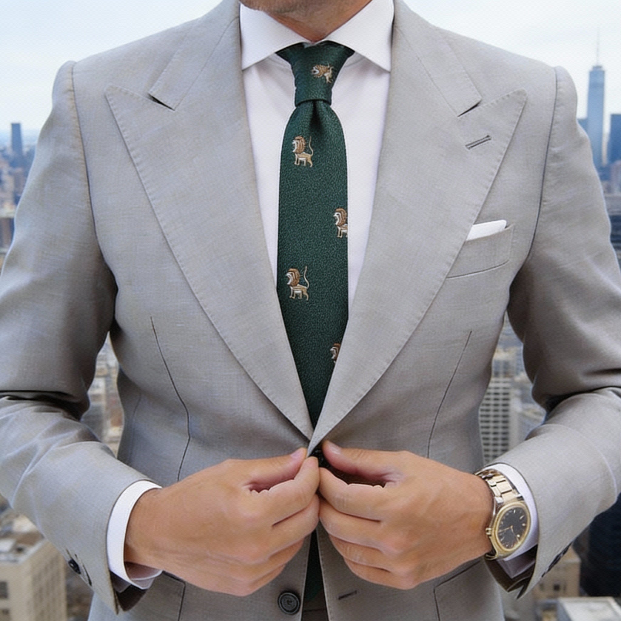 Green Necktie With Brown Lions