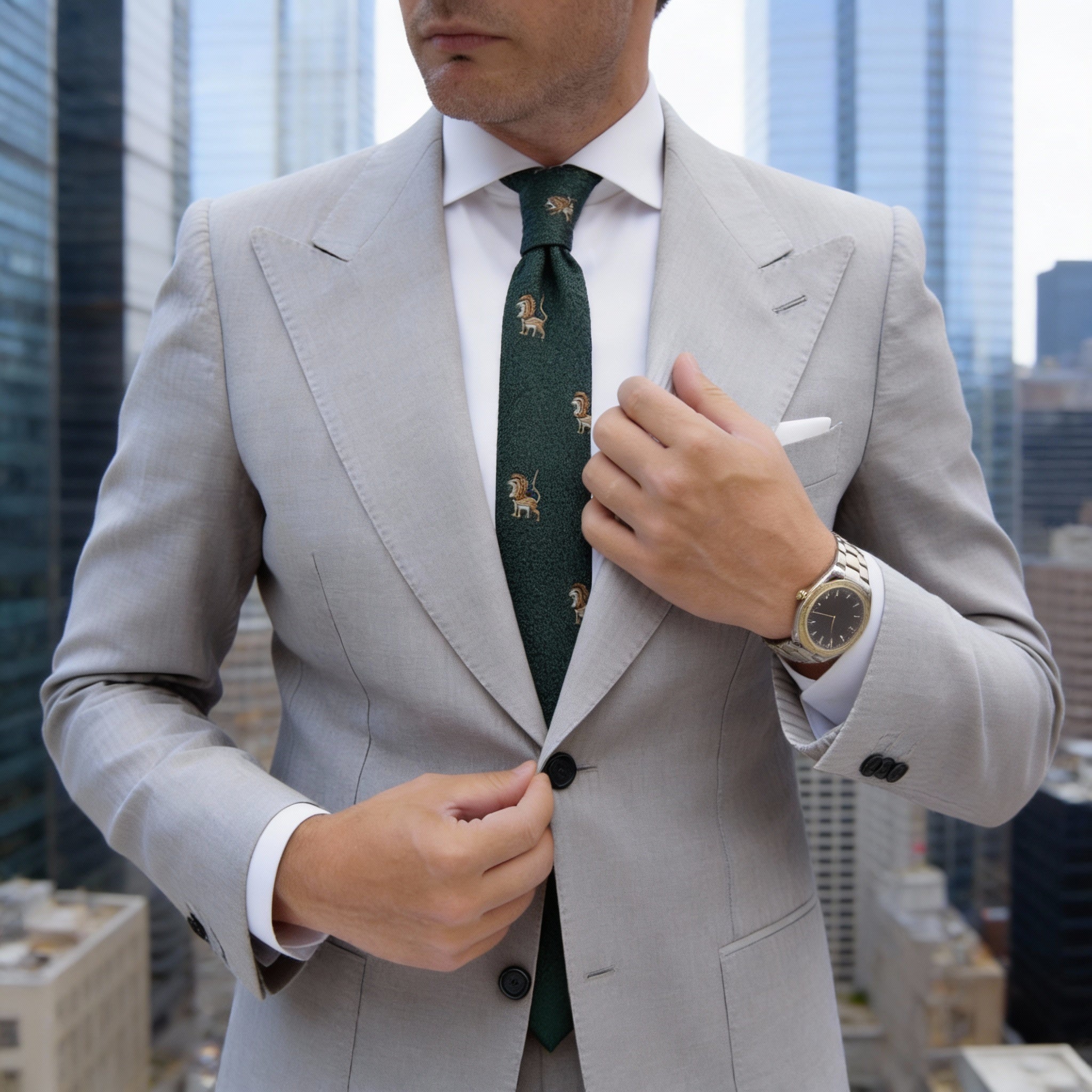 Green Necktie With Brown Lions