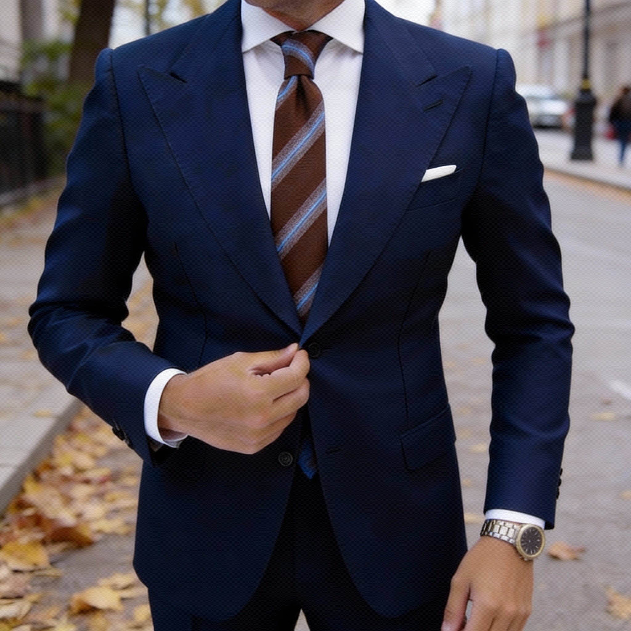 Brown With Blue Striped Necktie