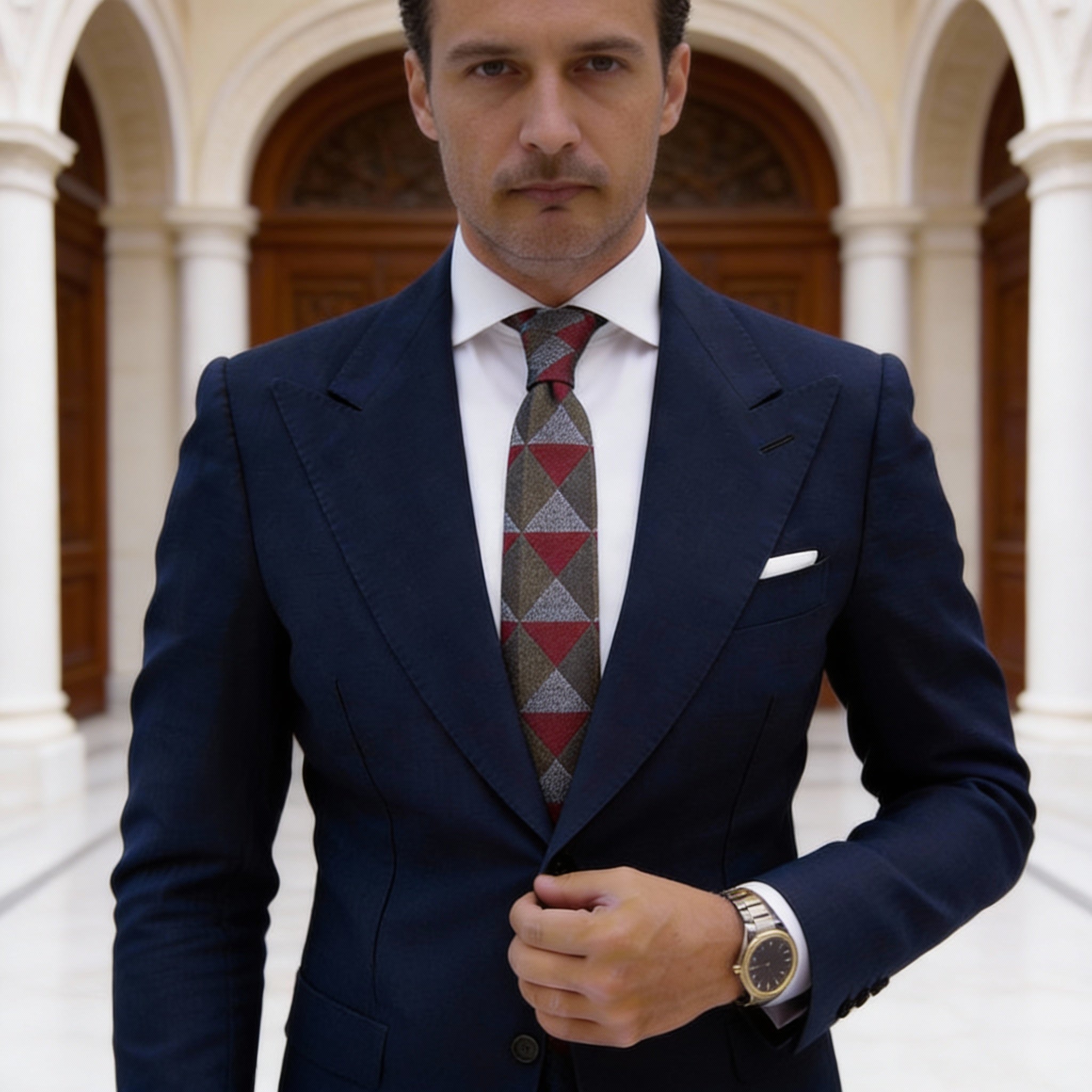 Olive Green With Red Gray Diamond Necktie