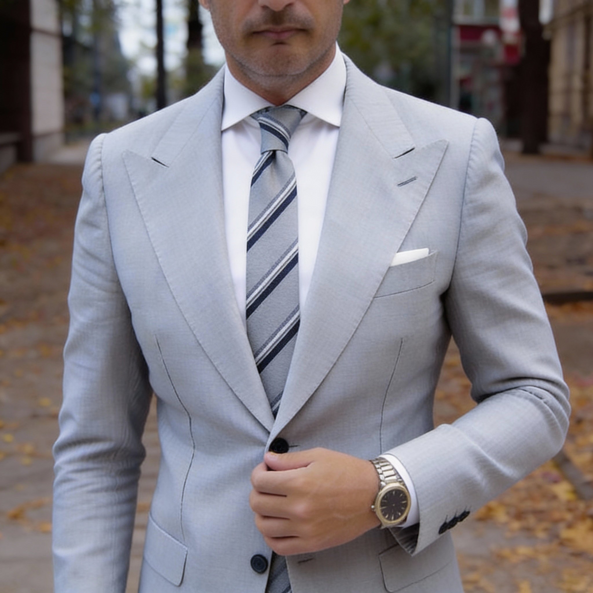 Gray With Dark Blue And White Stripes Necktie