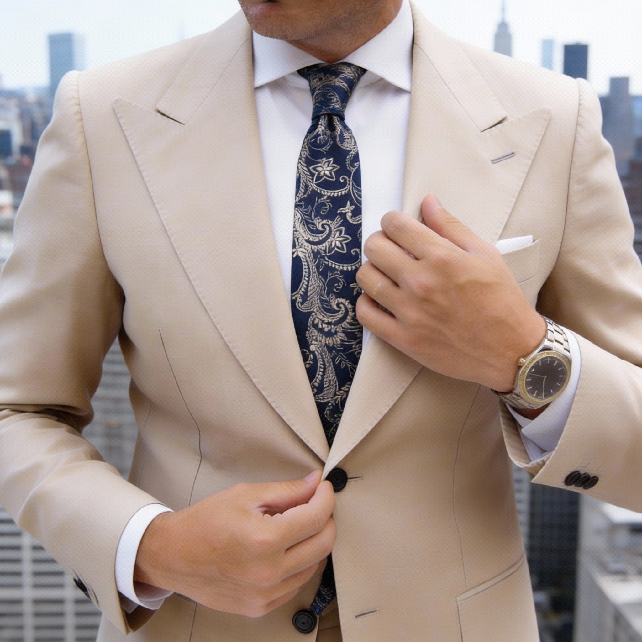 Navy Blue With Gold Paisley Floral Necktie