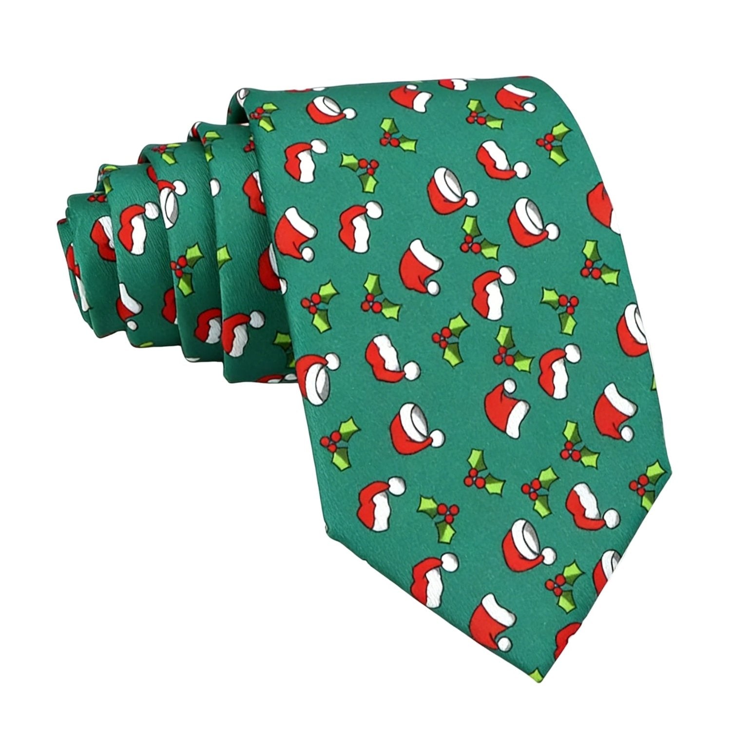 Green With Red Santa Hats Holly Necktie