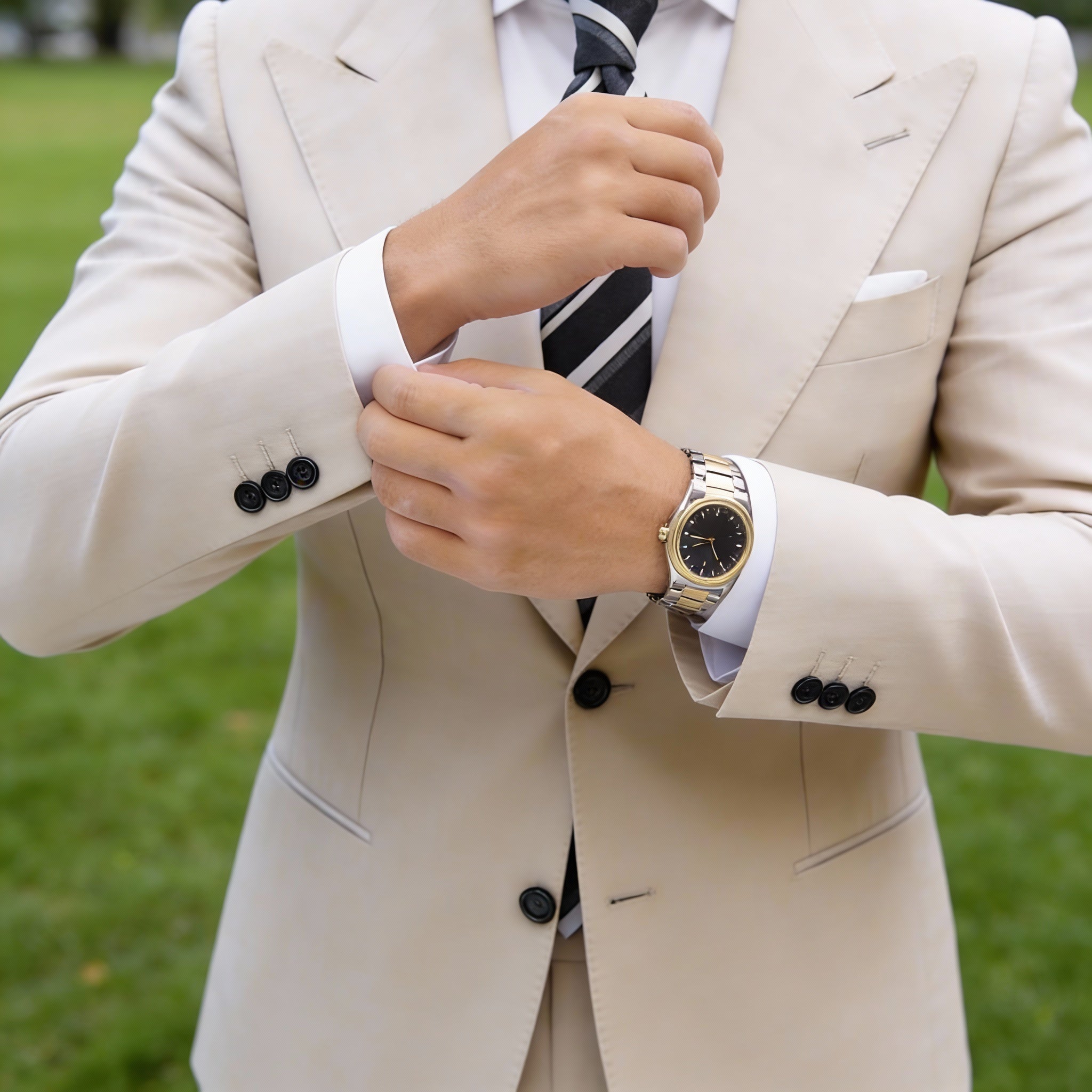 Dark Blue with White and Gray Striped Necktie