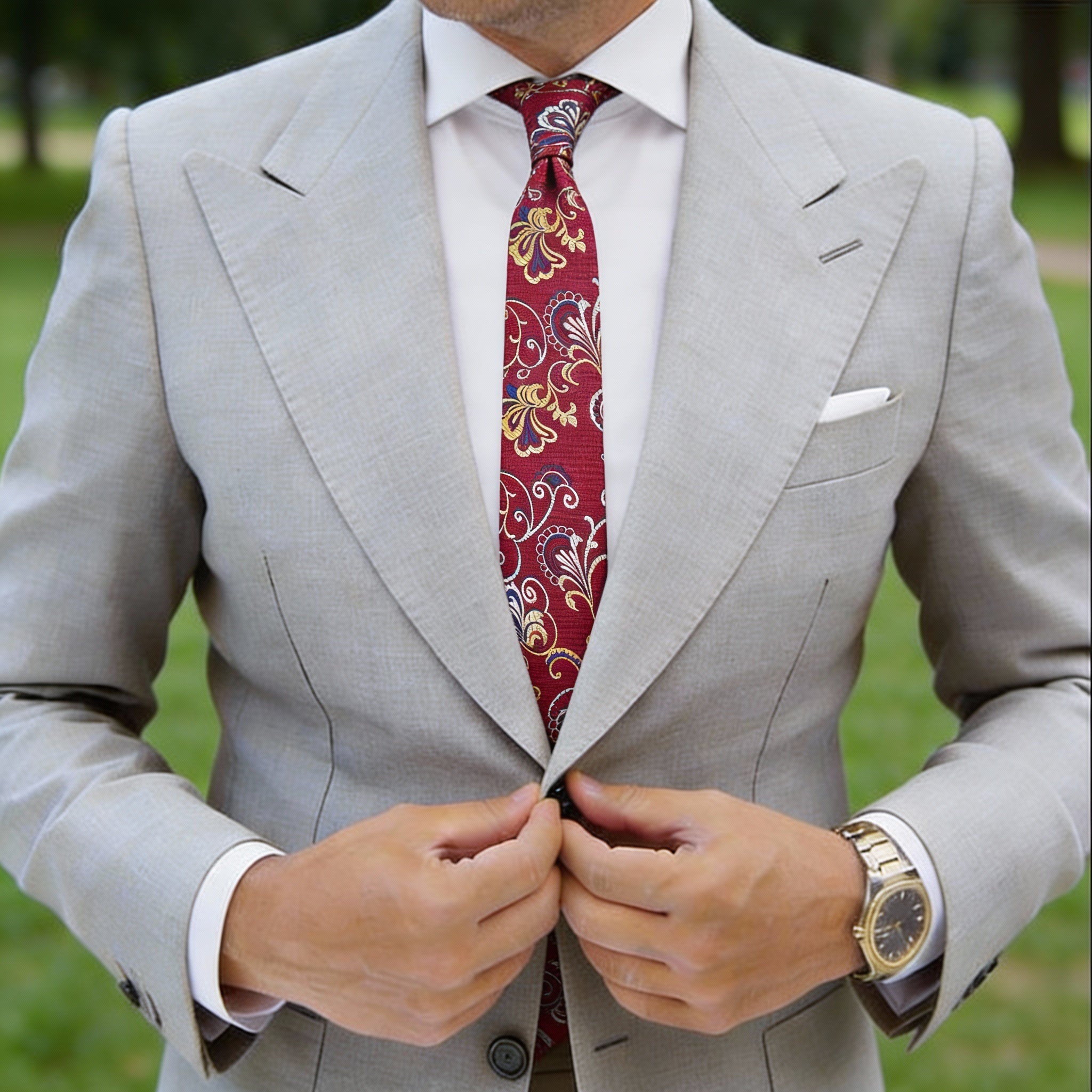 Red Necktie with Gold Paisley Pattern