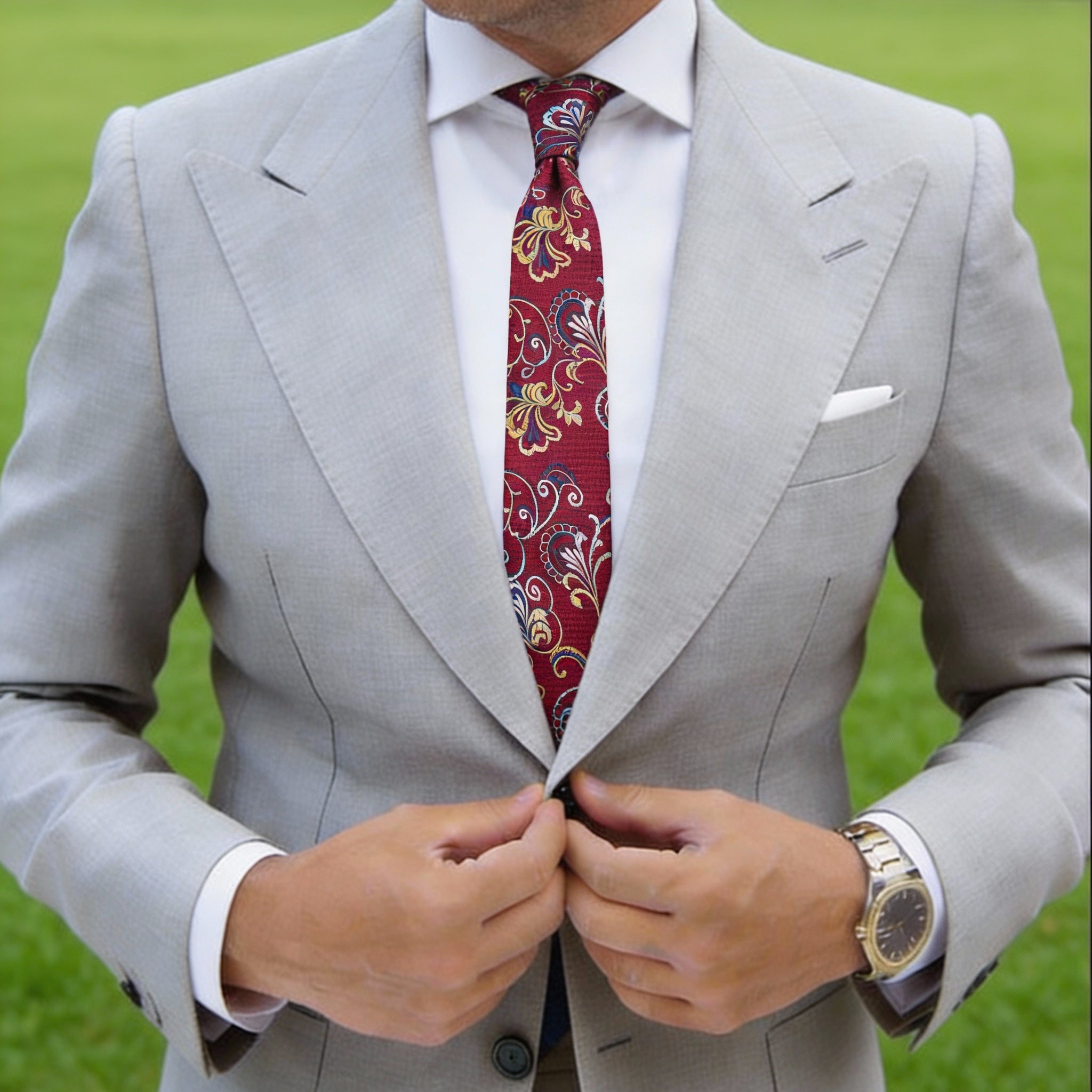 Red Necktie with Gold Paisley Pattern