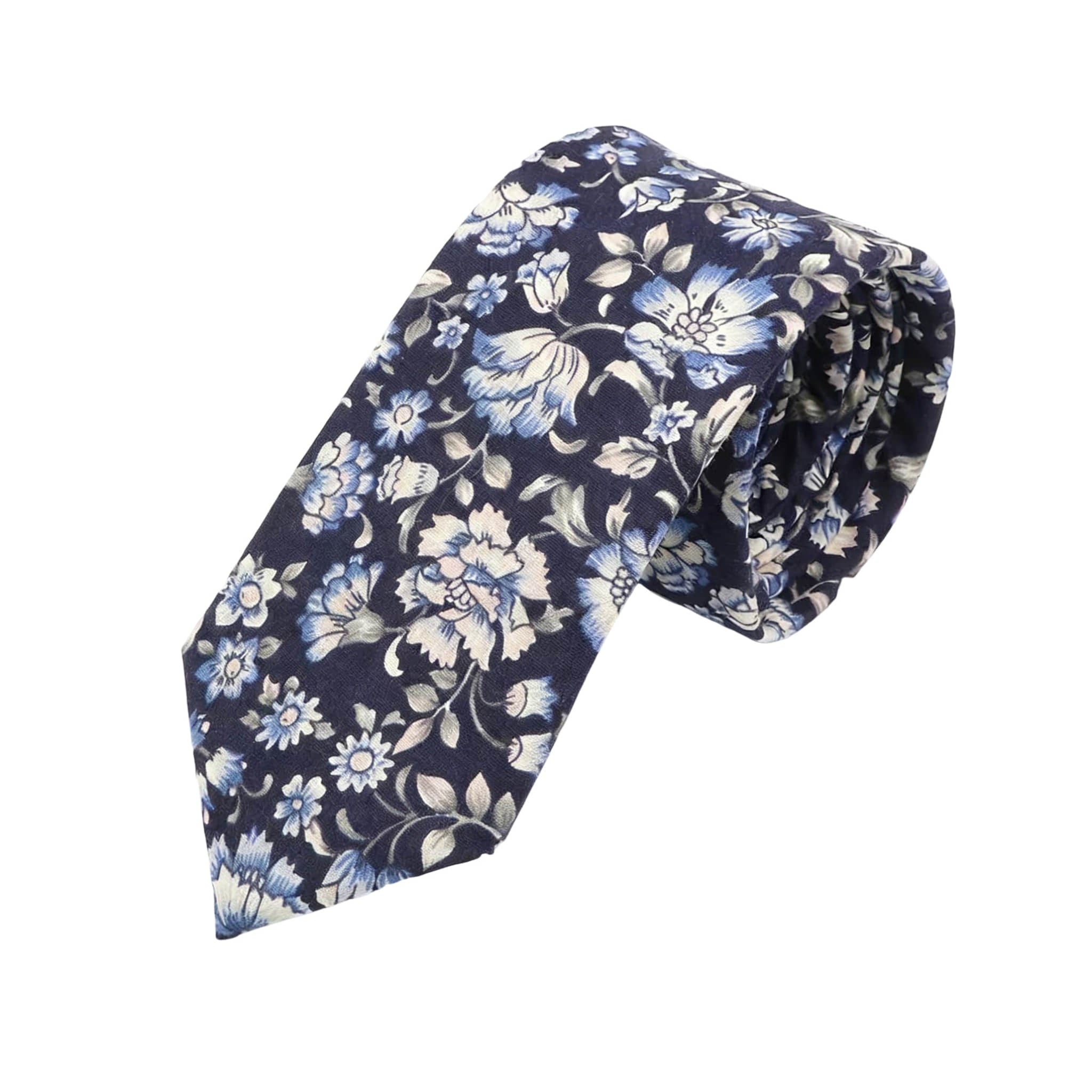 Navy Blue White Floral Necktie