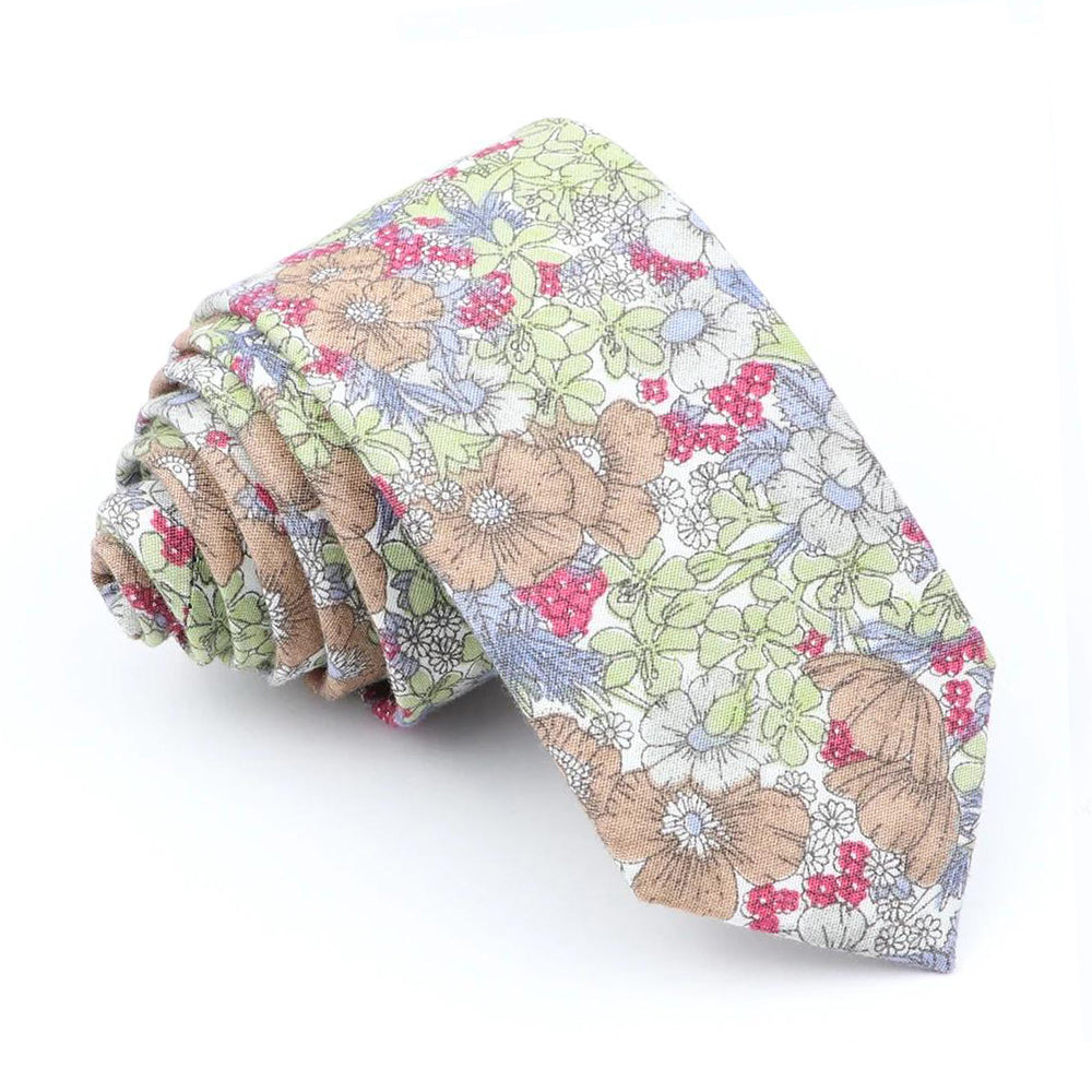 Green Brown Floral Cotton Skinny Tie