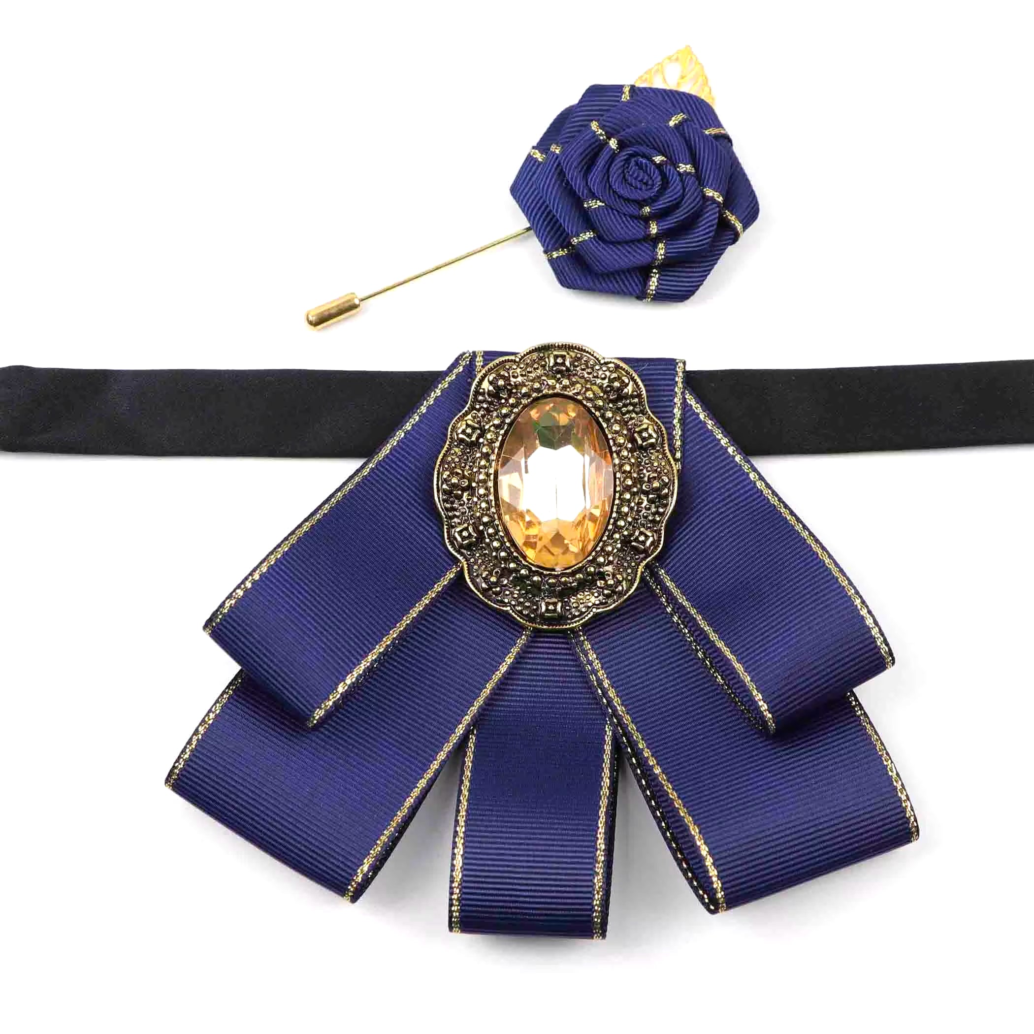 Vintage 2Pcs Women Collar Accessory Set, Gold Trim Ribbon Bow & Rose Brooch for Party