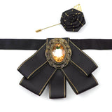 Vintage 2Pcs Women Collar Accessory Set, Black Gold Stripe Bow & Rose Brooch for Party