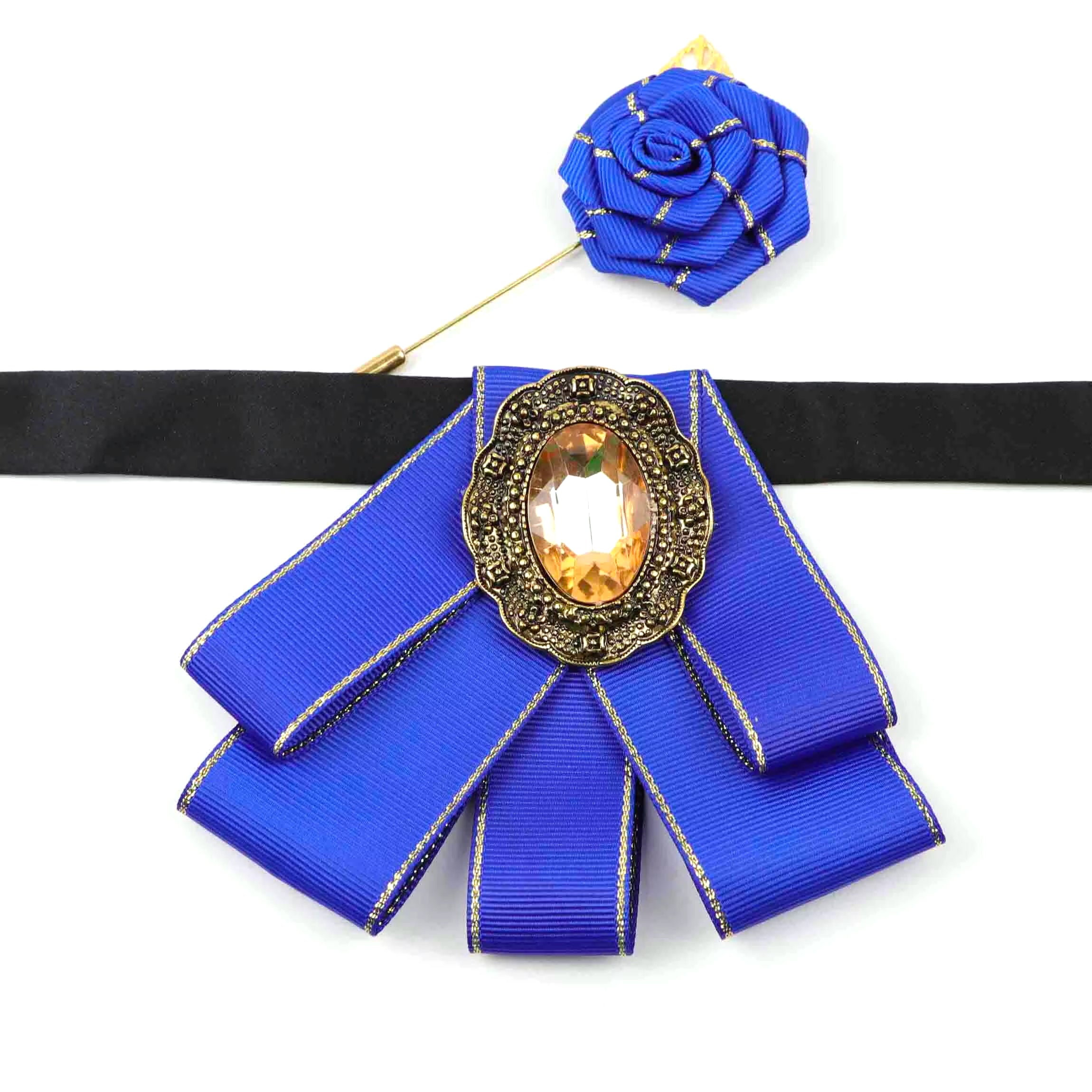 Vintage 2Pcs Women Collar Accessory Set, Gold Trim Ribbon Bow & Rose Brooch for Party