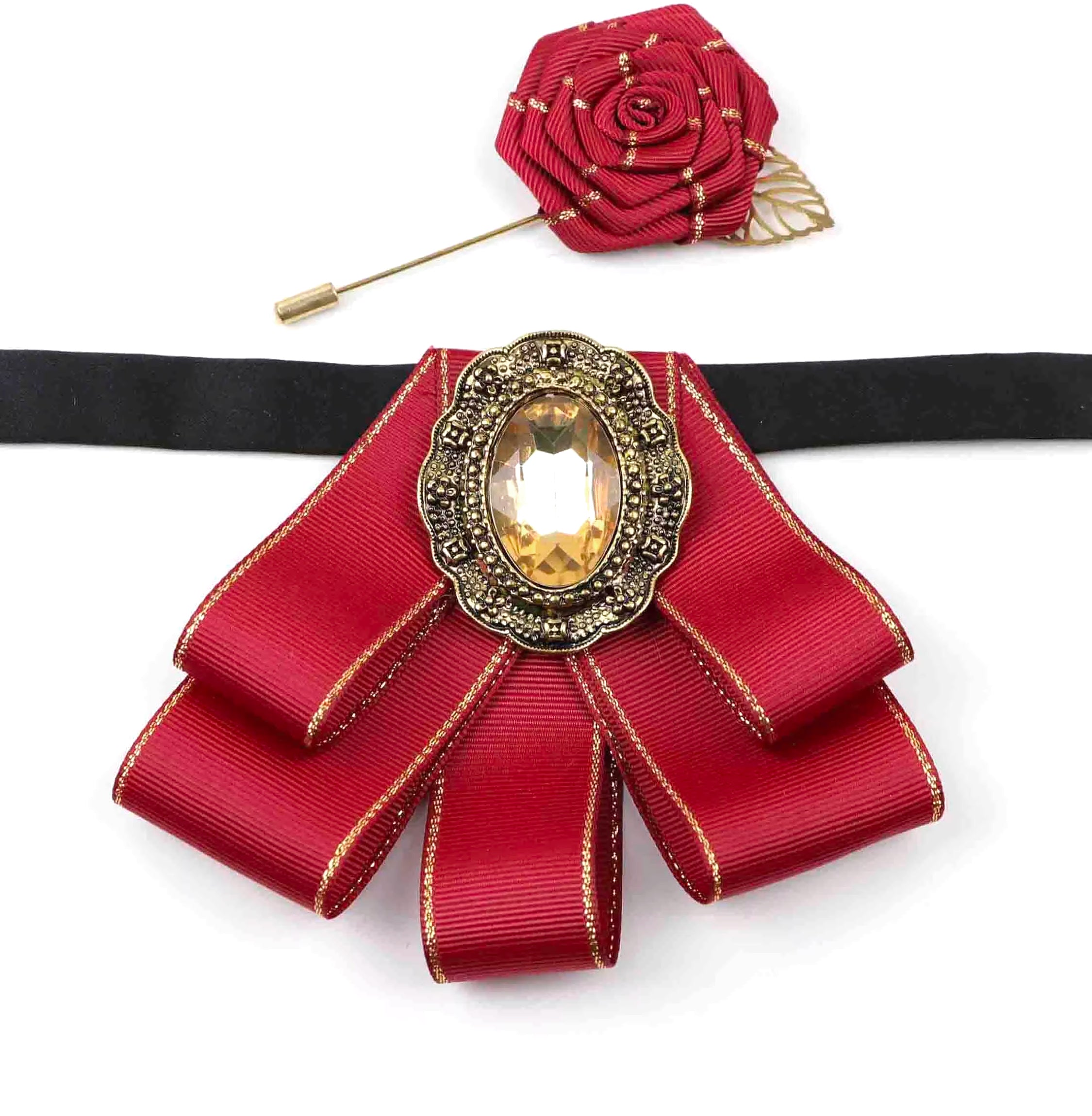 Vintage 2Pcs Women Collar Accessory Set, Gold Trim Ribbon Bow & Rose Brooch for Party