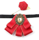 Vintage 2Pcs Women Collar Accessory Set, Gold Trim Ribbon Bow & Rose Brooch for Party