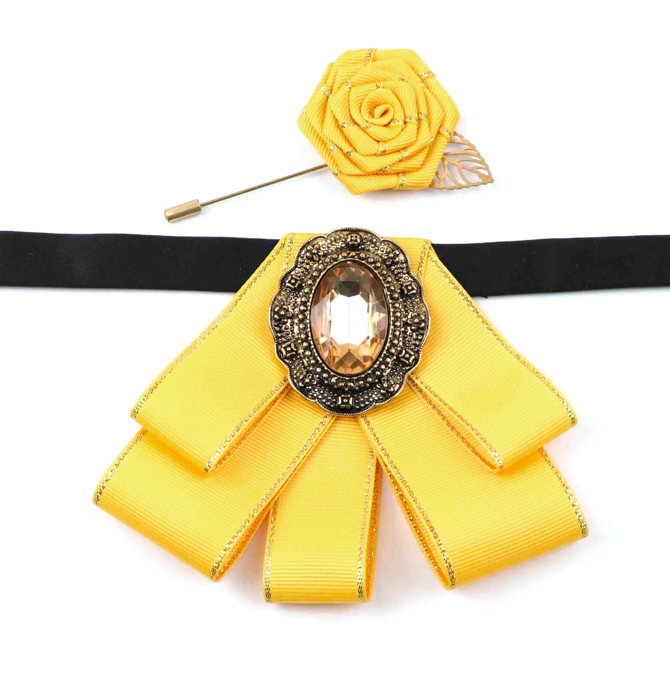 Vintage 2Pcs Women Collar Accessory Set, Gold Trim Ribbon Bow & Rose Brooch for Party