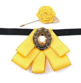 Vintage 2Pcs Women Collar Accessory Set, Gold Trim Ribbon Bow & Rose Brooch for Party