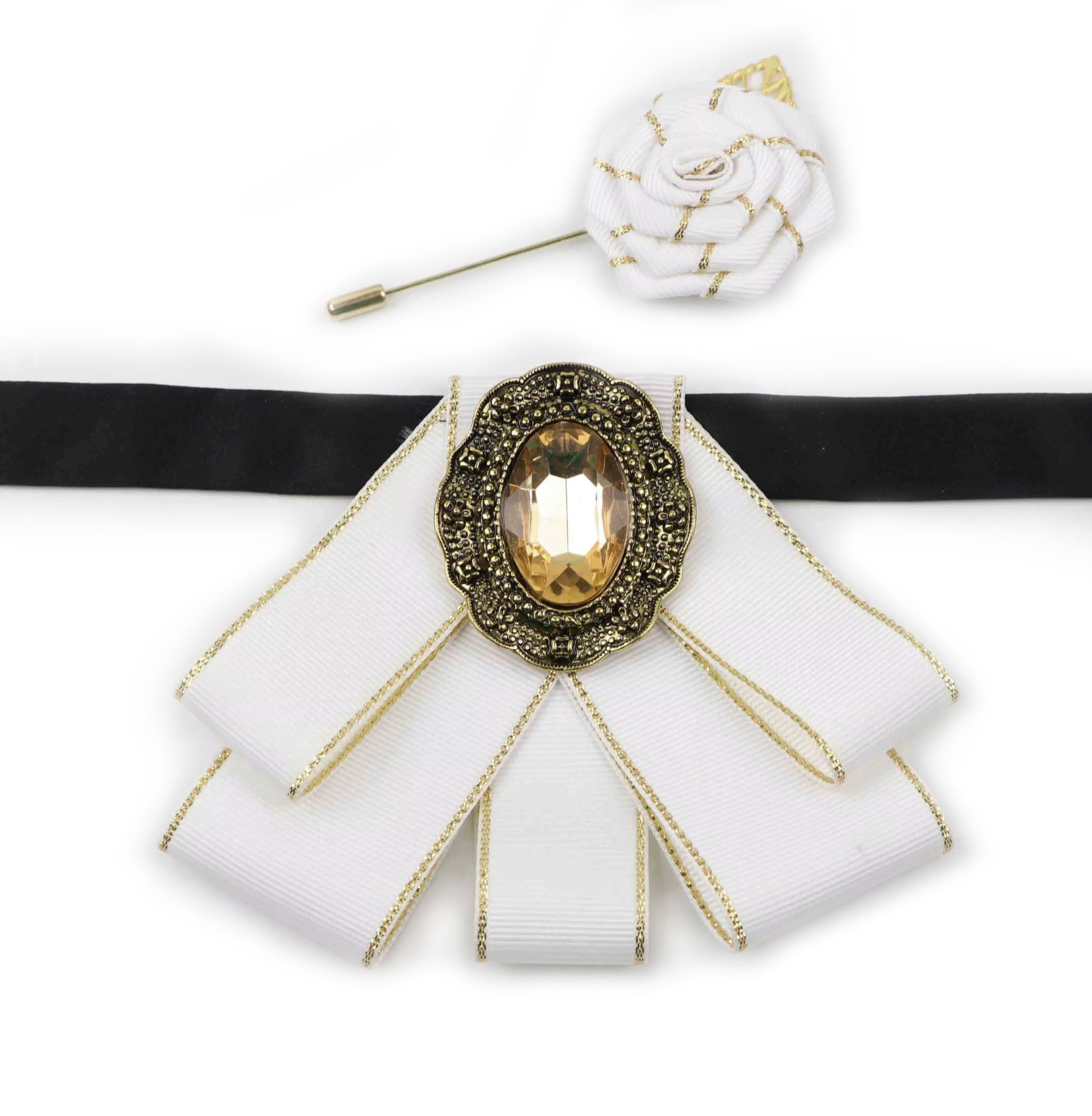 Vintage 2Pcs Women Collar Accessory Set, Gold Trim Ribbon Bow & Rose Brooch for Party