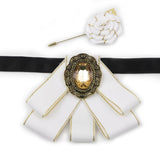 Vintage 2Pcs Women Collar Accessory Set, Gold Trim Ribbon Bow & Rose Brooch for Party