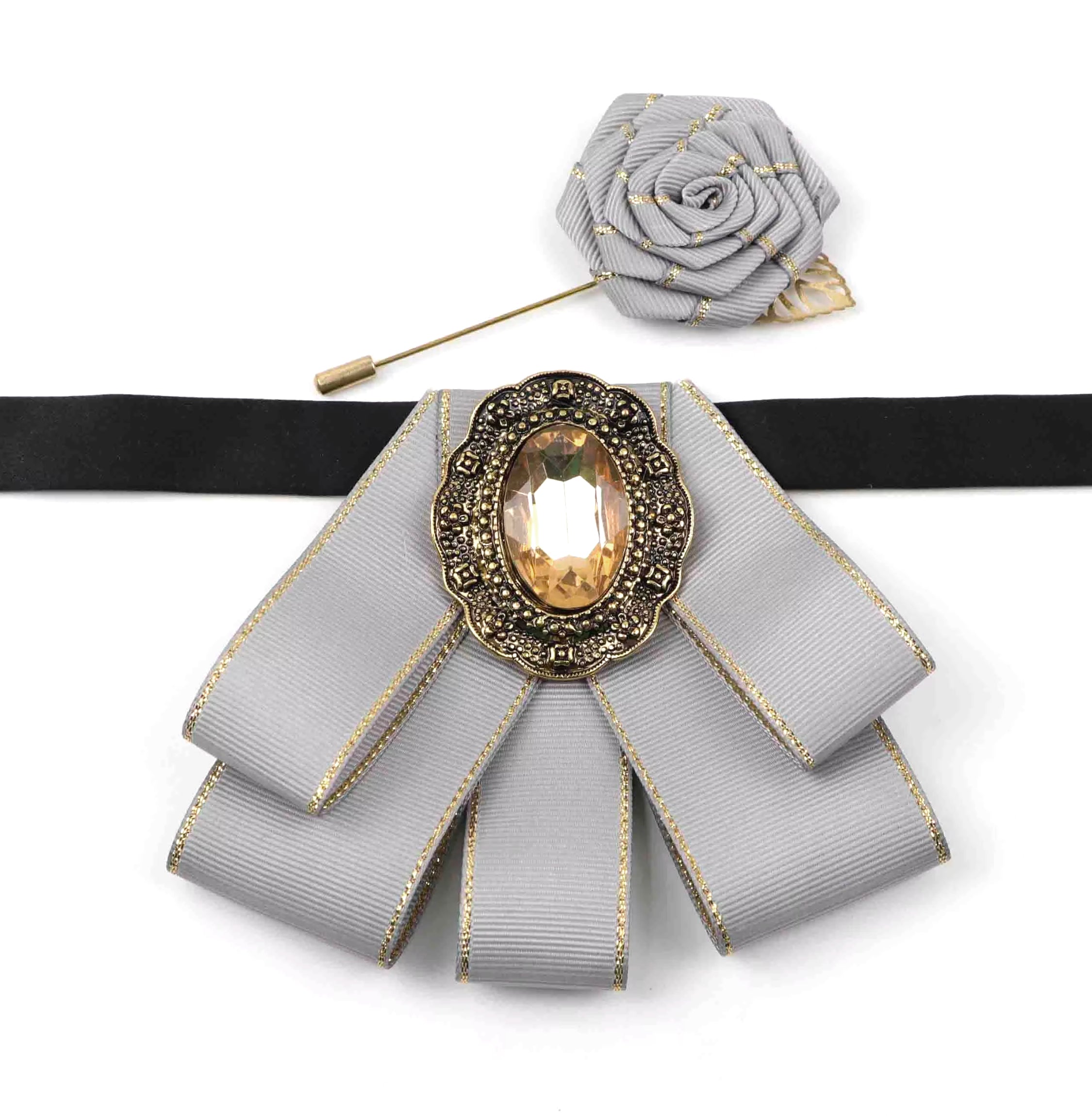 Vintage 2Pcs Women Collar Accessory Set, Gold Trim Ribbon Bow & Rose Brooch for Party