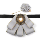 Vintage 2Pcs Women Collar Accessory Set, Gold Trim Ribbon Bow & Rose Brooch for Party
