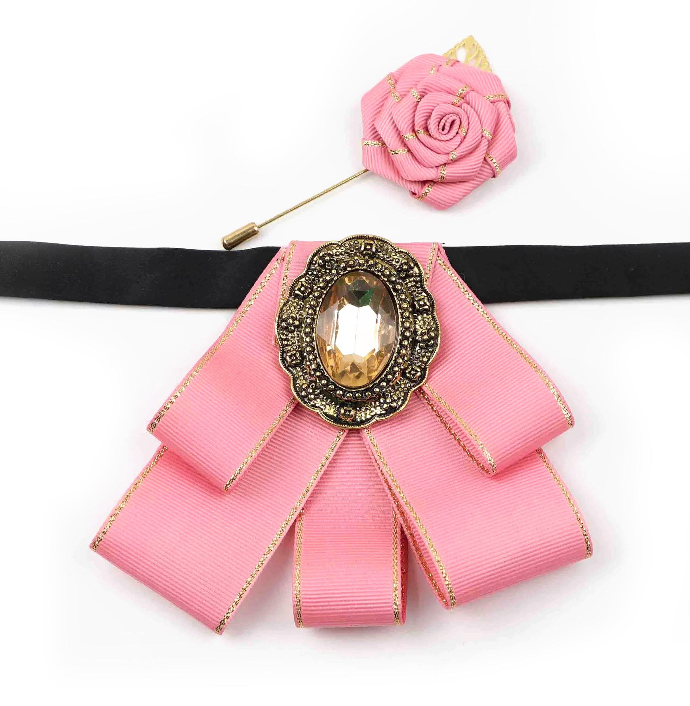 Vintage 2Pcs Women Collar Accessory Set, Gold Trim Ribbon Bow & Rose Brooch for Party