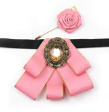 Vintage 2Pcs Women Collar Accessory Set, Gold Trim Ribbon Bow & Rose Brooch for Party