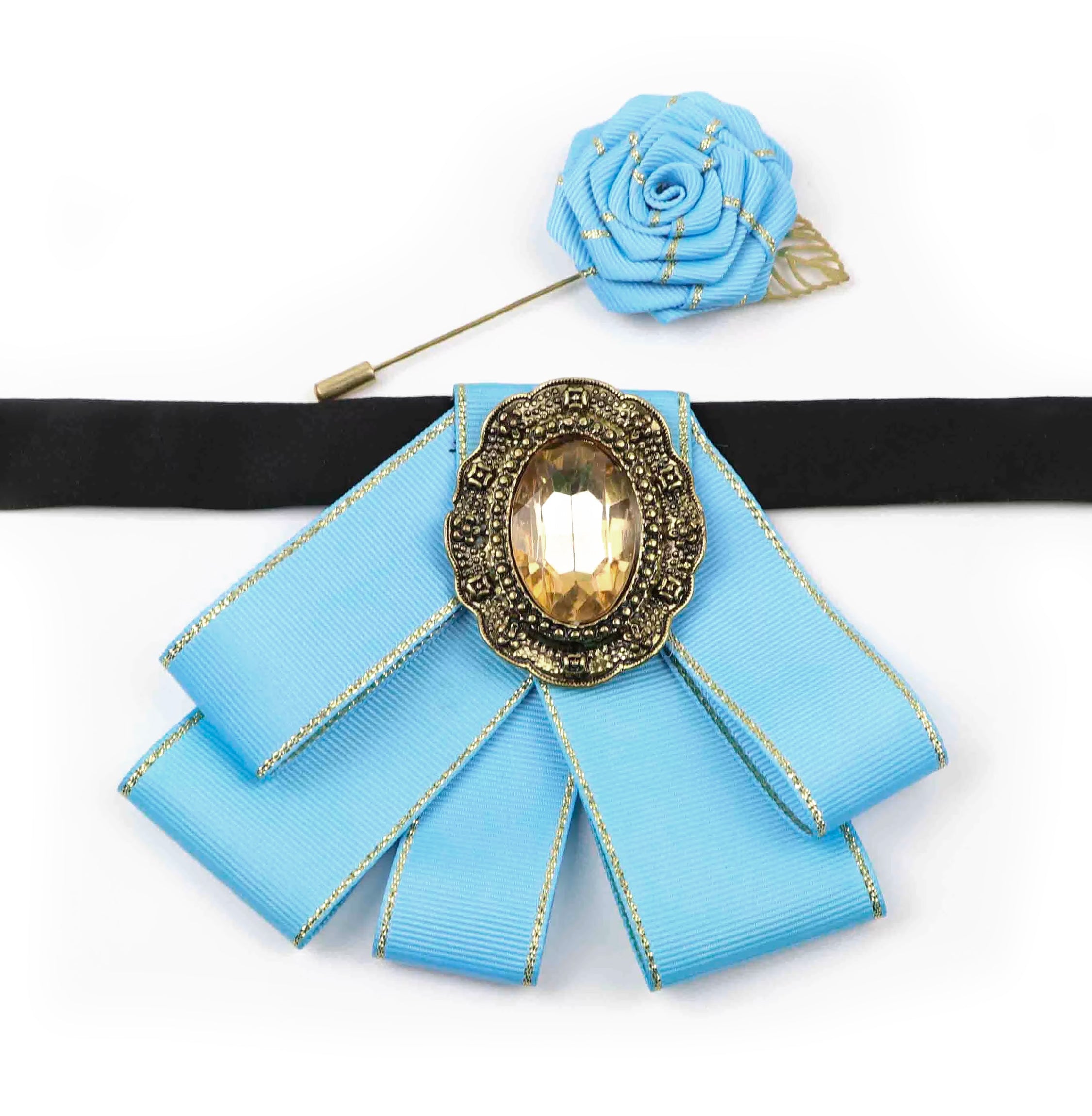 Vintage 2Pcs Women Collar Accessory Set, Gold Trim Ribbon Bow & Rose Brooch for Party