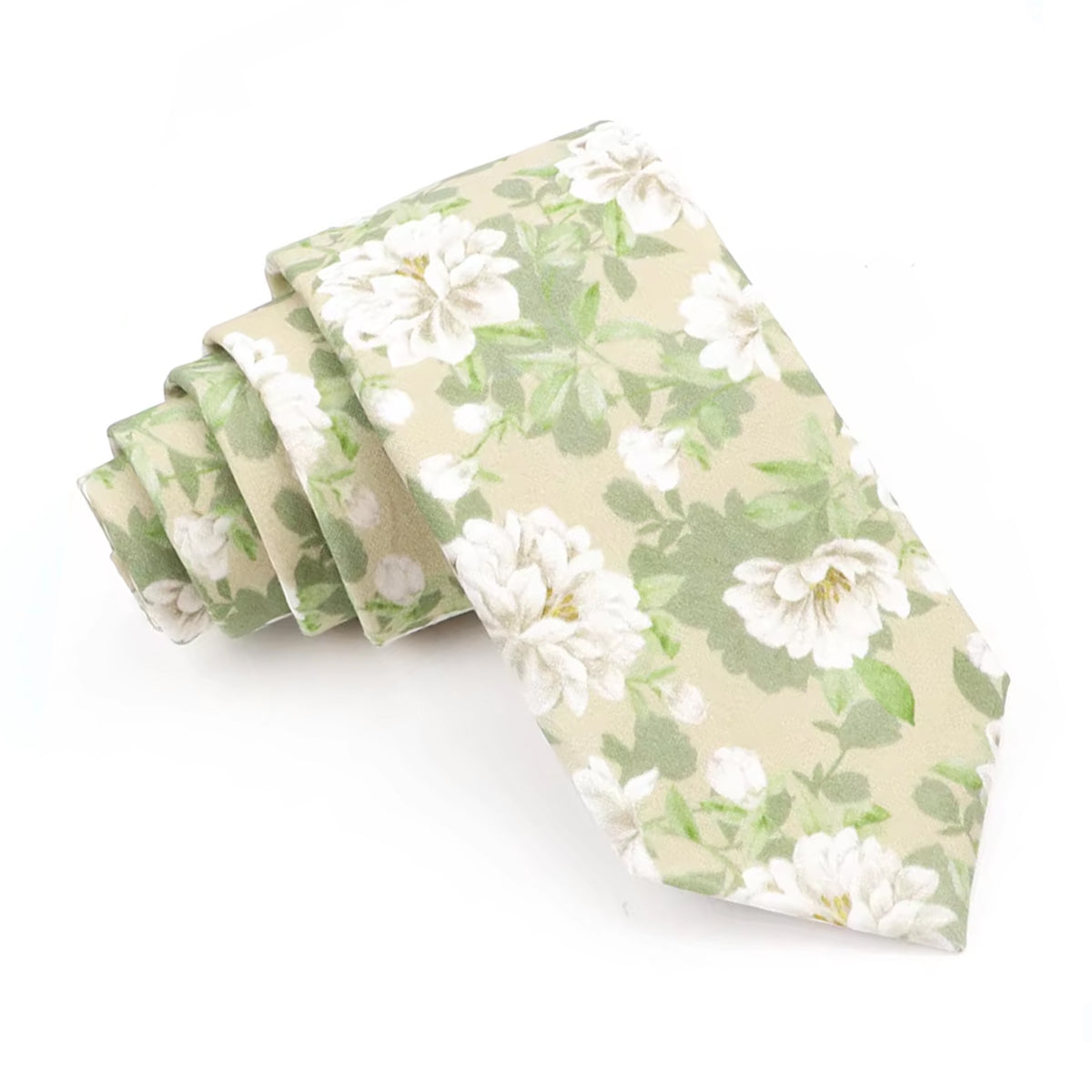 Light Green White Floral Cotton Skinny Tie