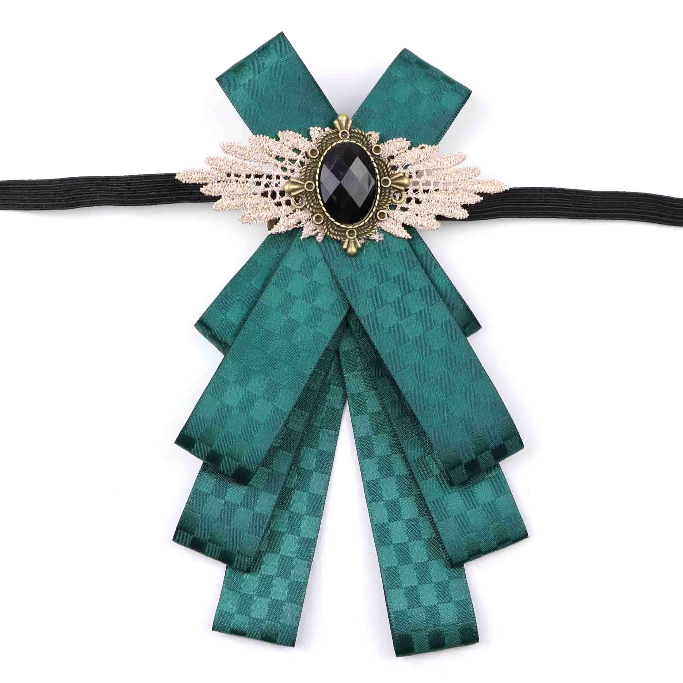 Vintage Bow Tie for Lady, Satin Lace Wing Gem Brooch  Neck Bow