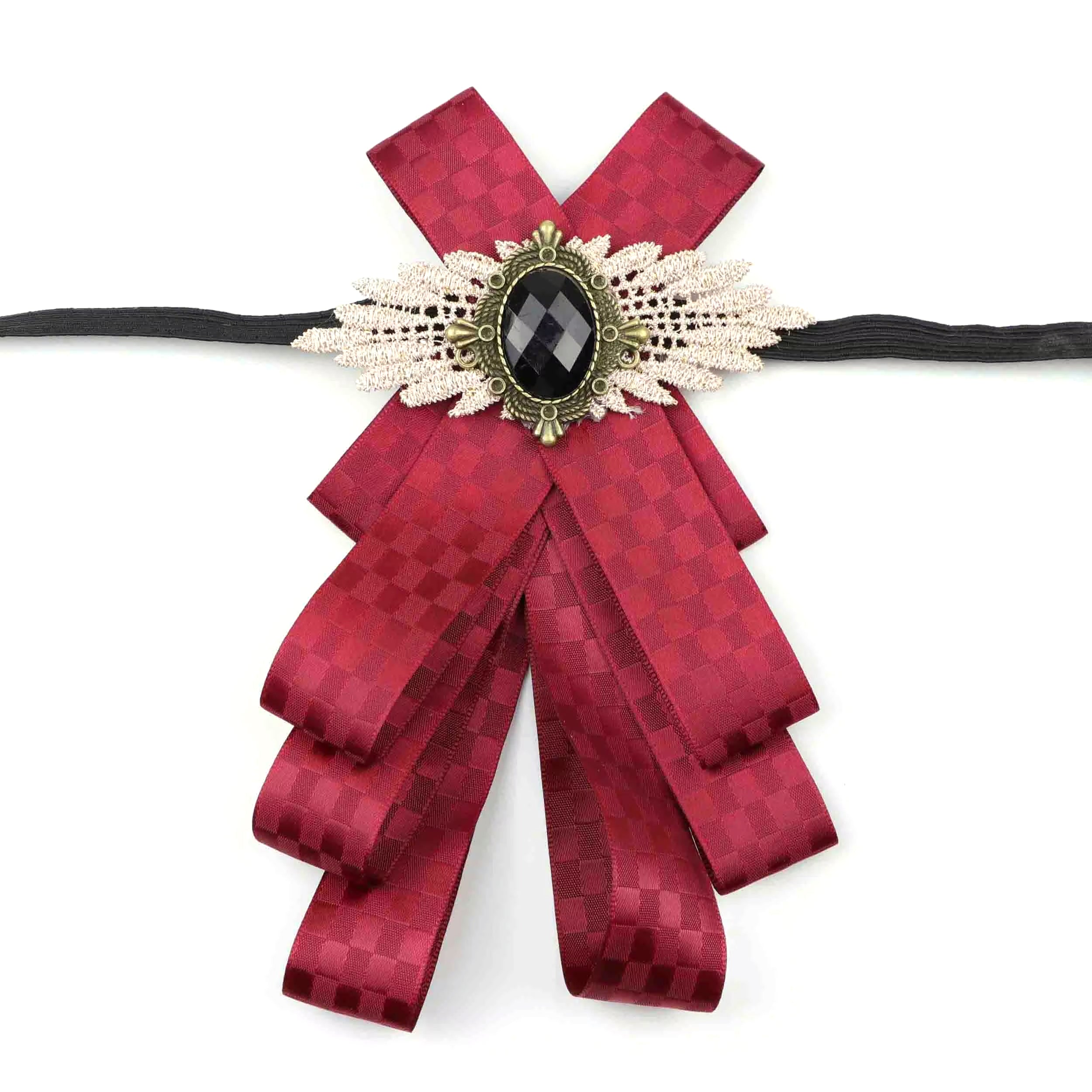 Vintage Bow Tie for Lady, Satin Lace Wing Gem Brooch  Neck Bow
