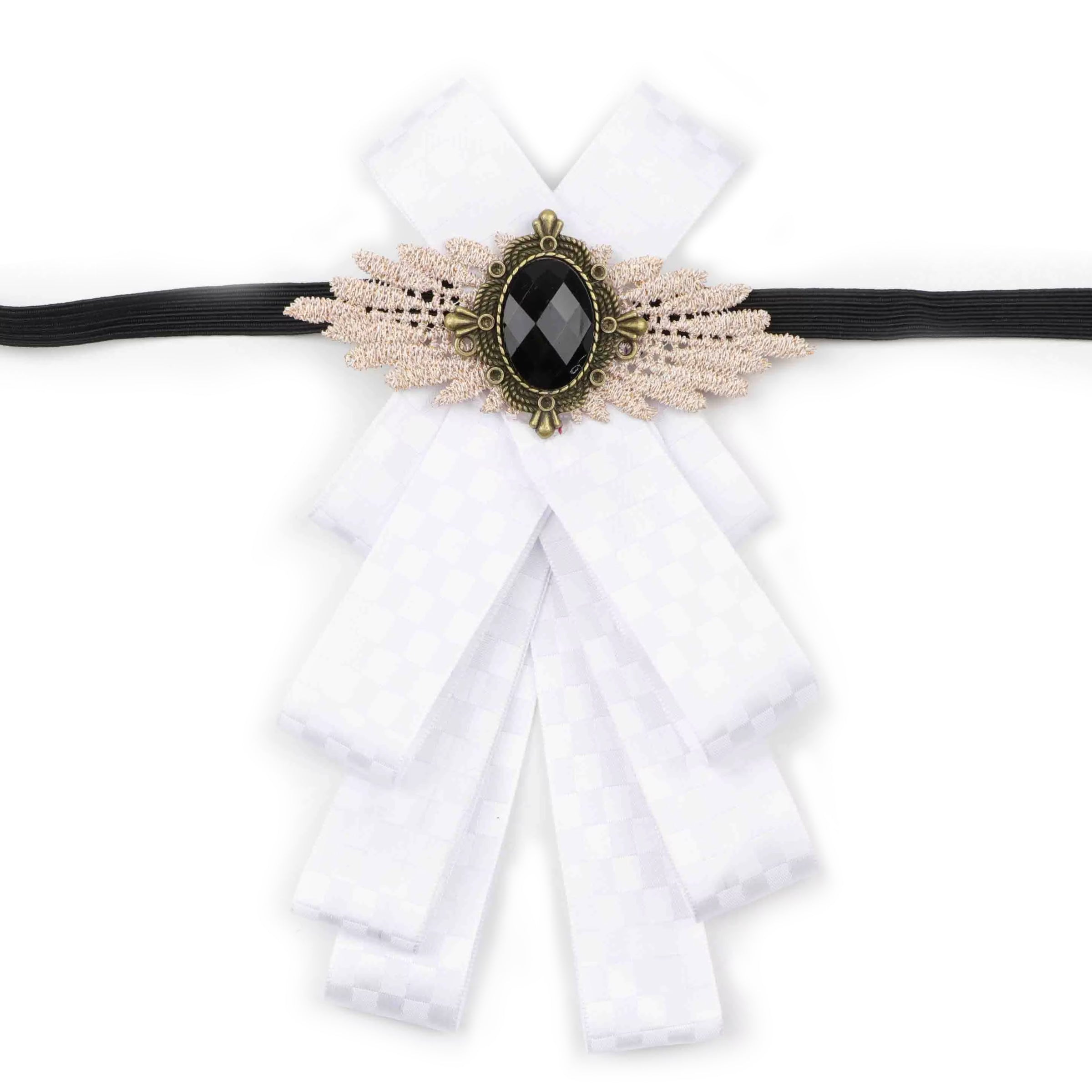 Vintage Bow Tie for Lady, Satin Lace Wing Gem Brooch  Neck Bow