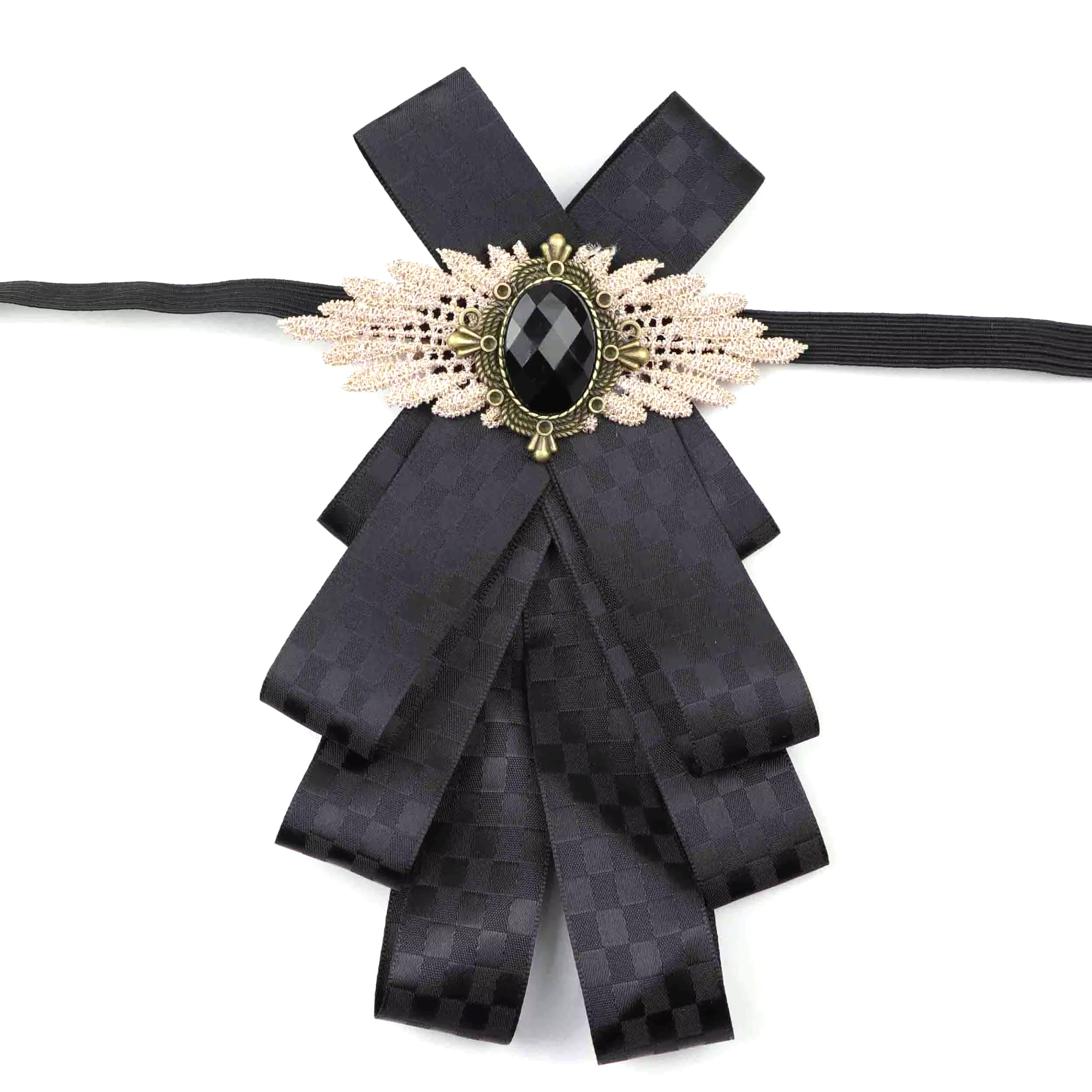 Vintage Bow Tie for Lady, Satin Lace Wing Gem Brooch  Neck Bow