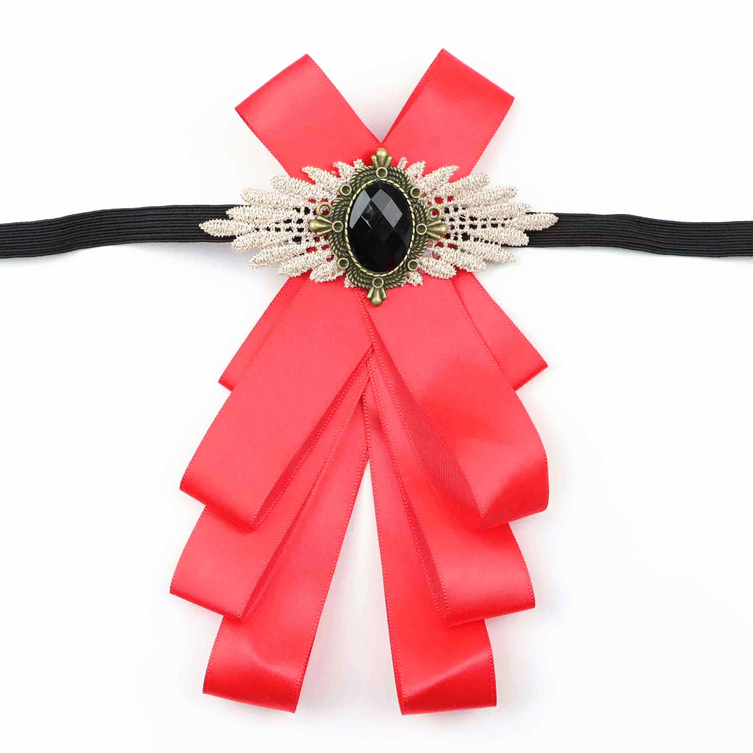 Vintage Bow Tie for Lady, Satin Lace Wing Gem Brooch  Neck Bow