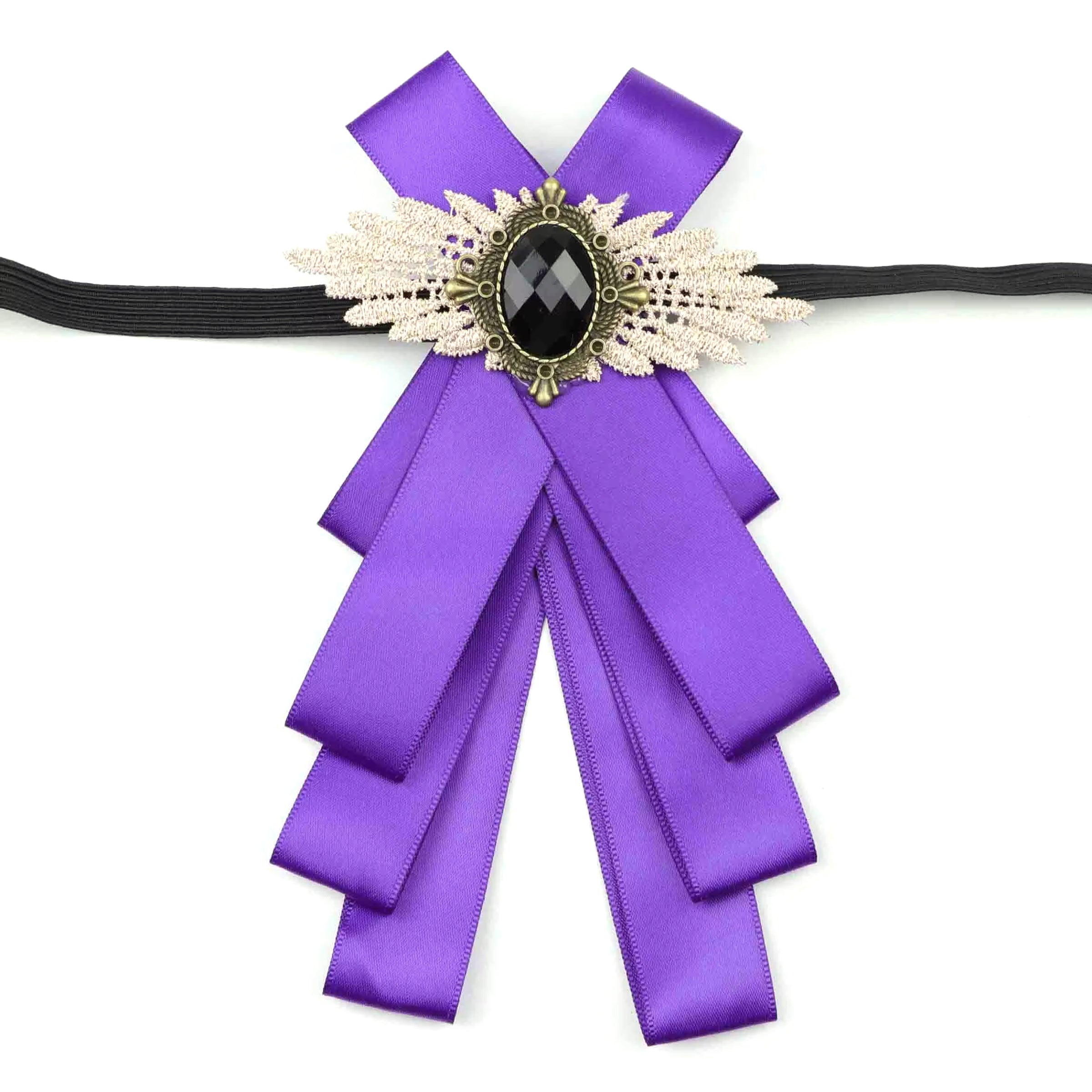 Vintage Bow Tie for Lady, Satin Lace Wing Gem Brooch  Neck Bow