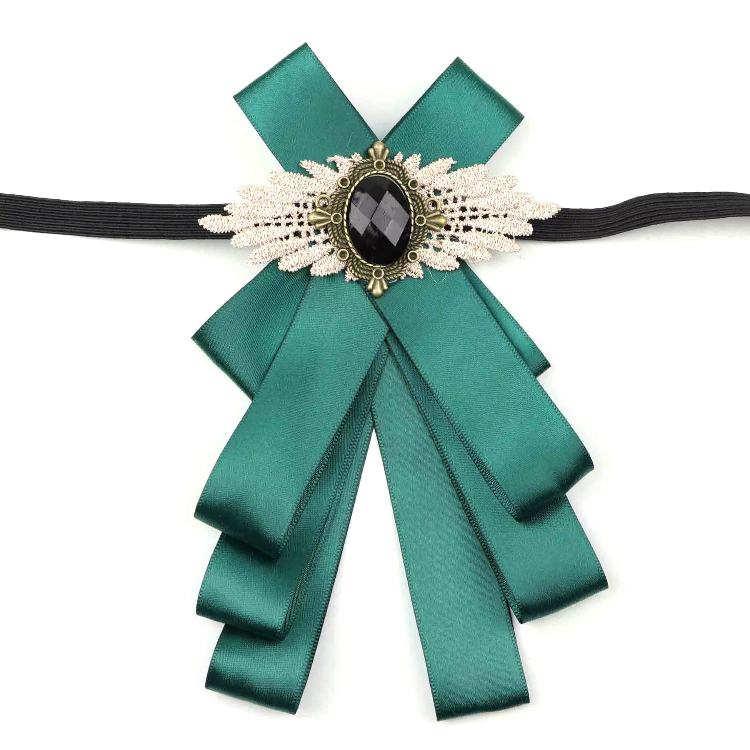 Vintage Bow Tie for Lady, Satin Lace Wing Gem Brooch  Neck Bow