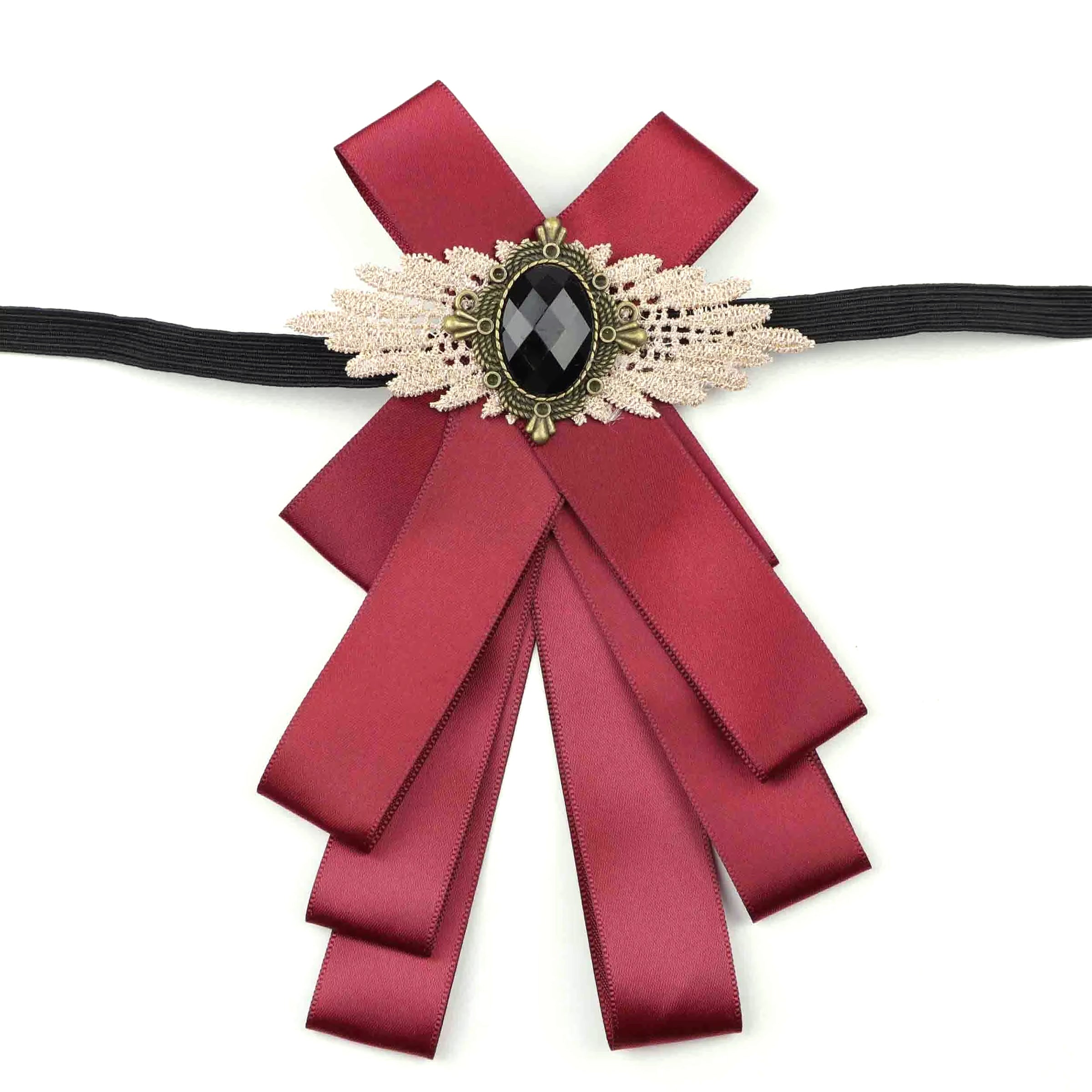 Vintage Bow Tie for Lady, Satin Lace Wing Gem Brooch  Neck Bow