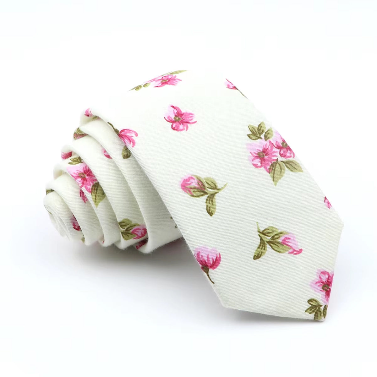 Cream Base Hot Pink Floral Cotton Skinny Tie