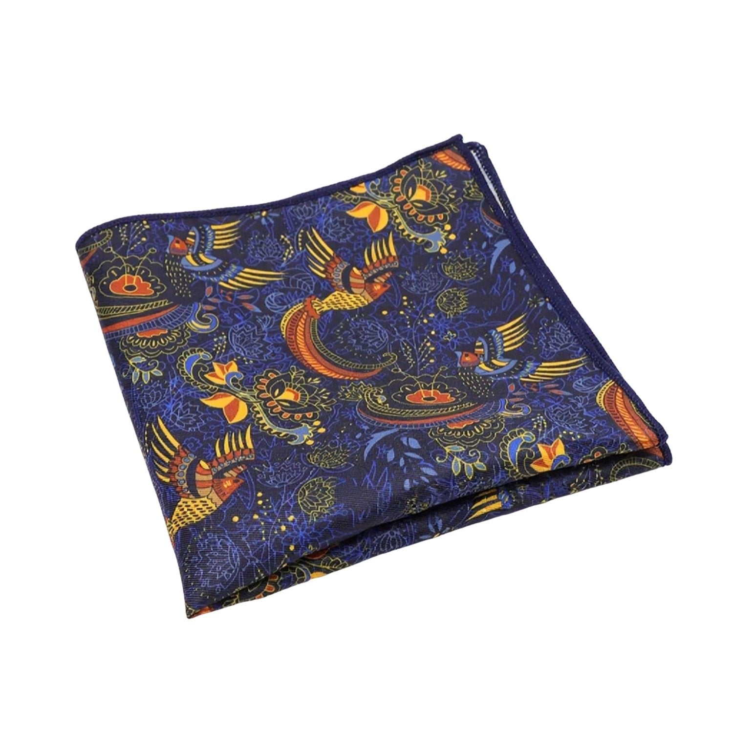 Navy Blue With Orange Birds Floral Pocket Square