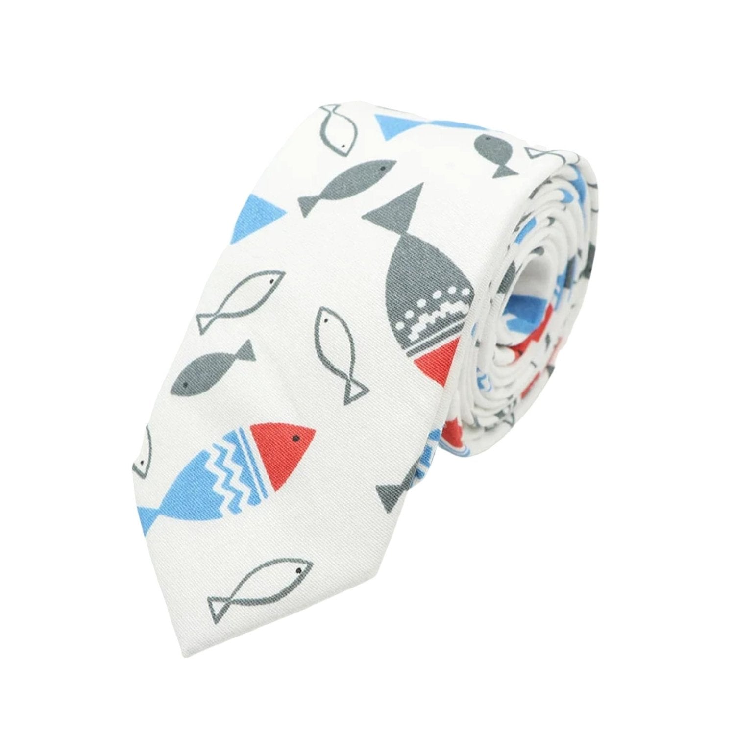White with Multi-colored Fish Necktie