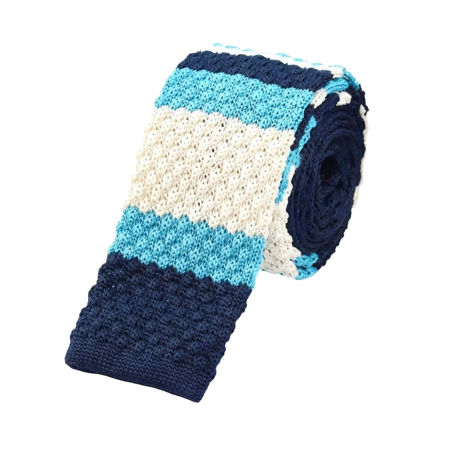 Dark Blue With Light Blue Beige Striped Knitted Necktie